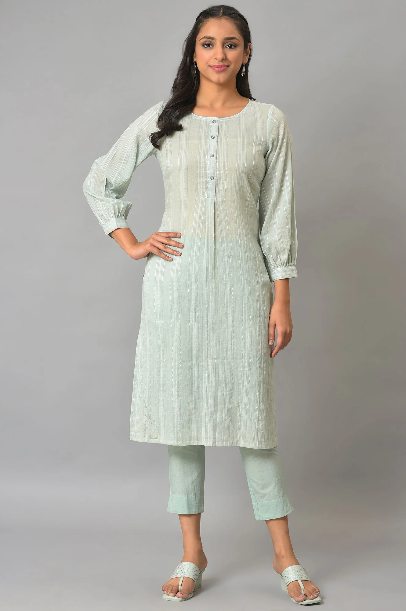 Green Leno Striped Straight Kurta and Trouser Set - Image 5