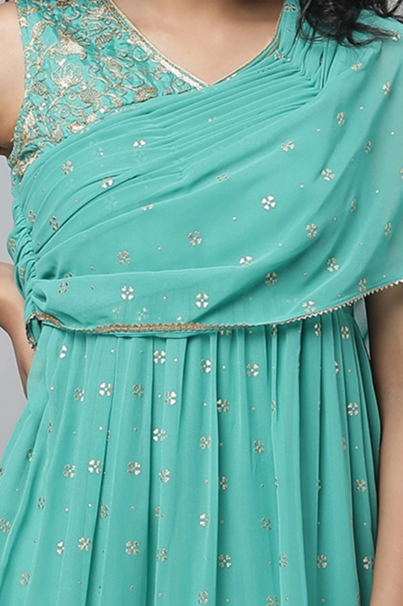 Green Poly Georgette Festive Dress - Image 3