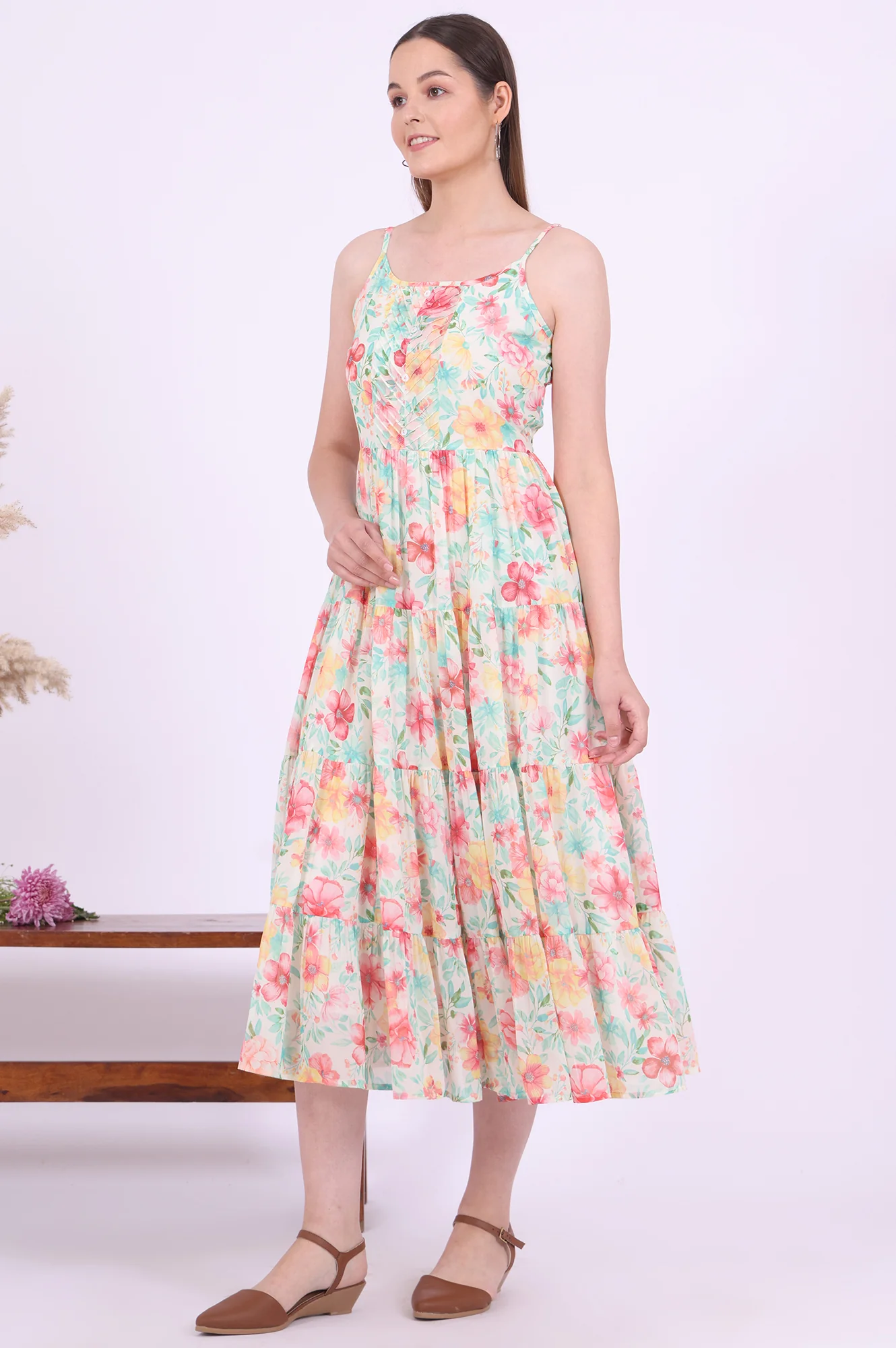Green Printed Flarred Georgette Dresses - Image 5