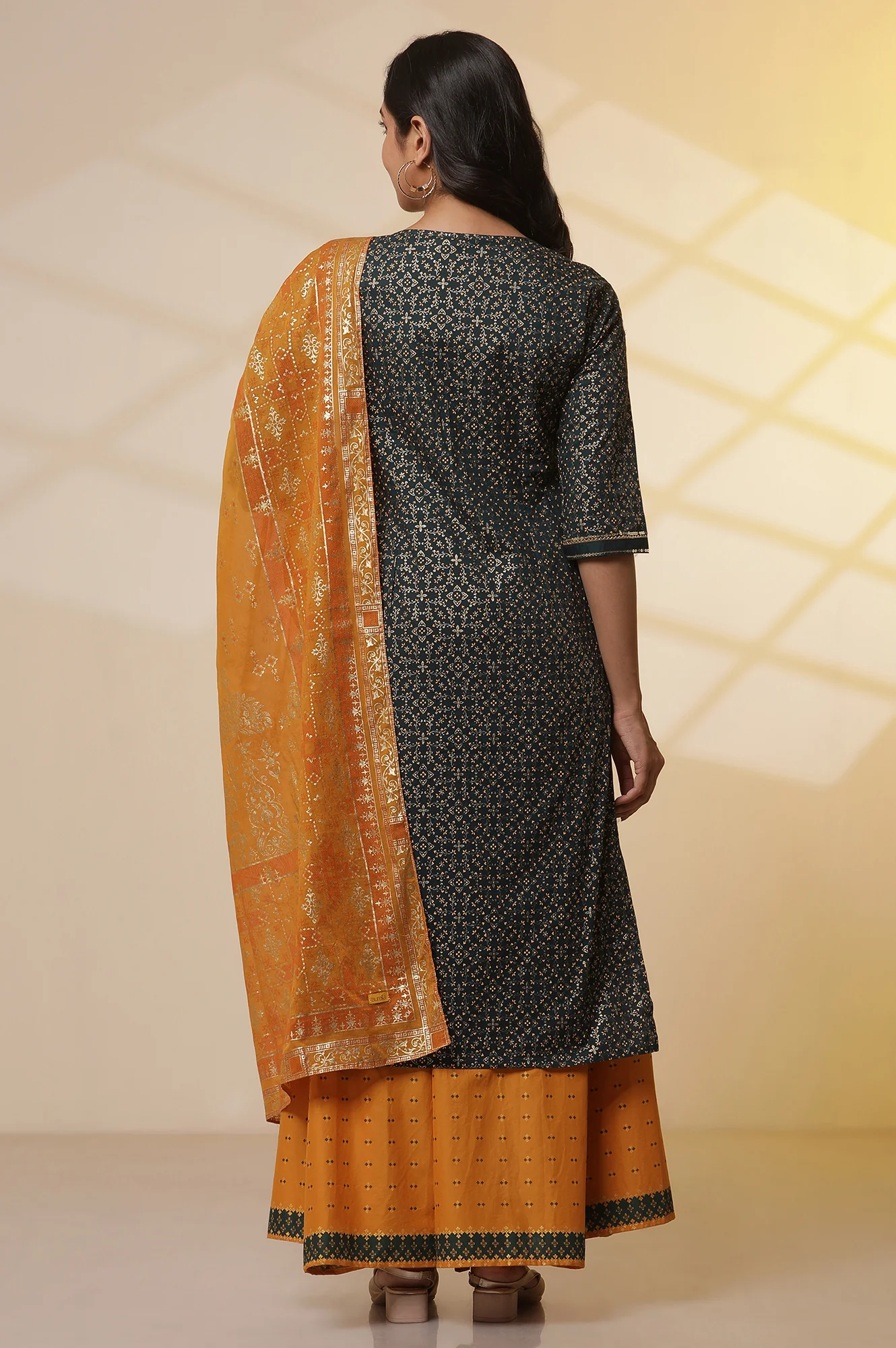 Green Printed Round Neck Kurta, Semi-Flared Palazzo and Dupatta Set - Image 4