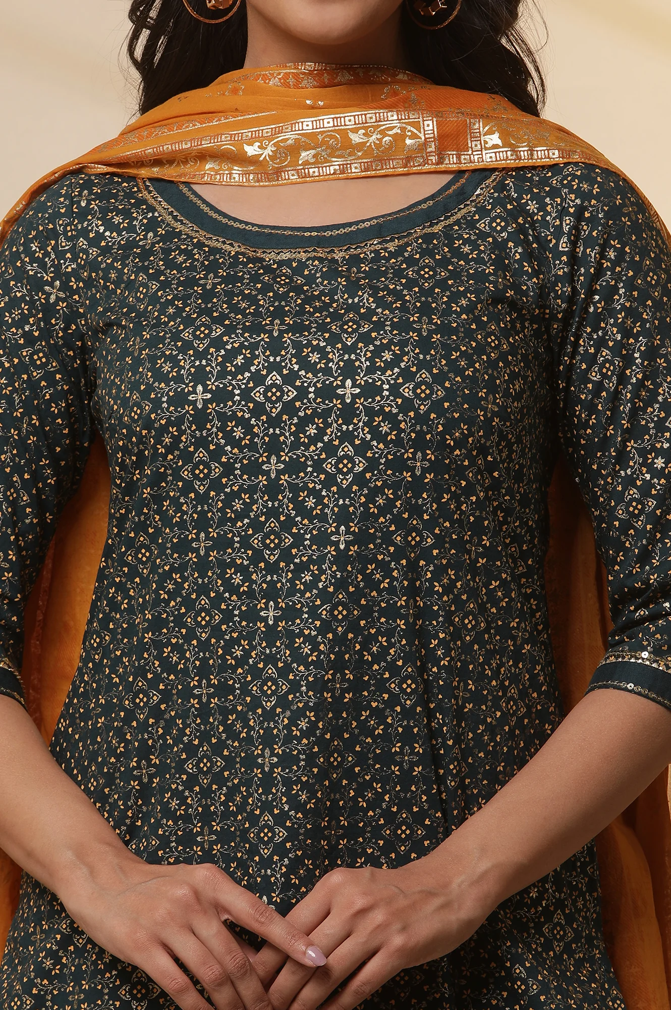 Green Printed Round Neck Kurta, Semi-Flared Palazzo and Dupatta Set - Image 6