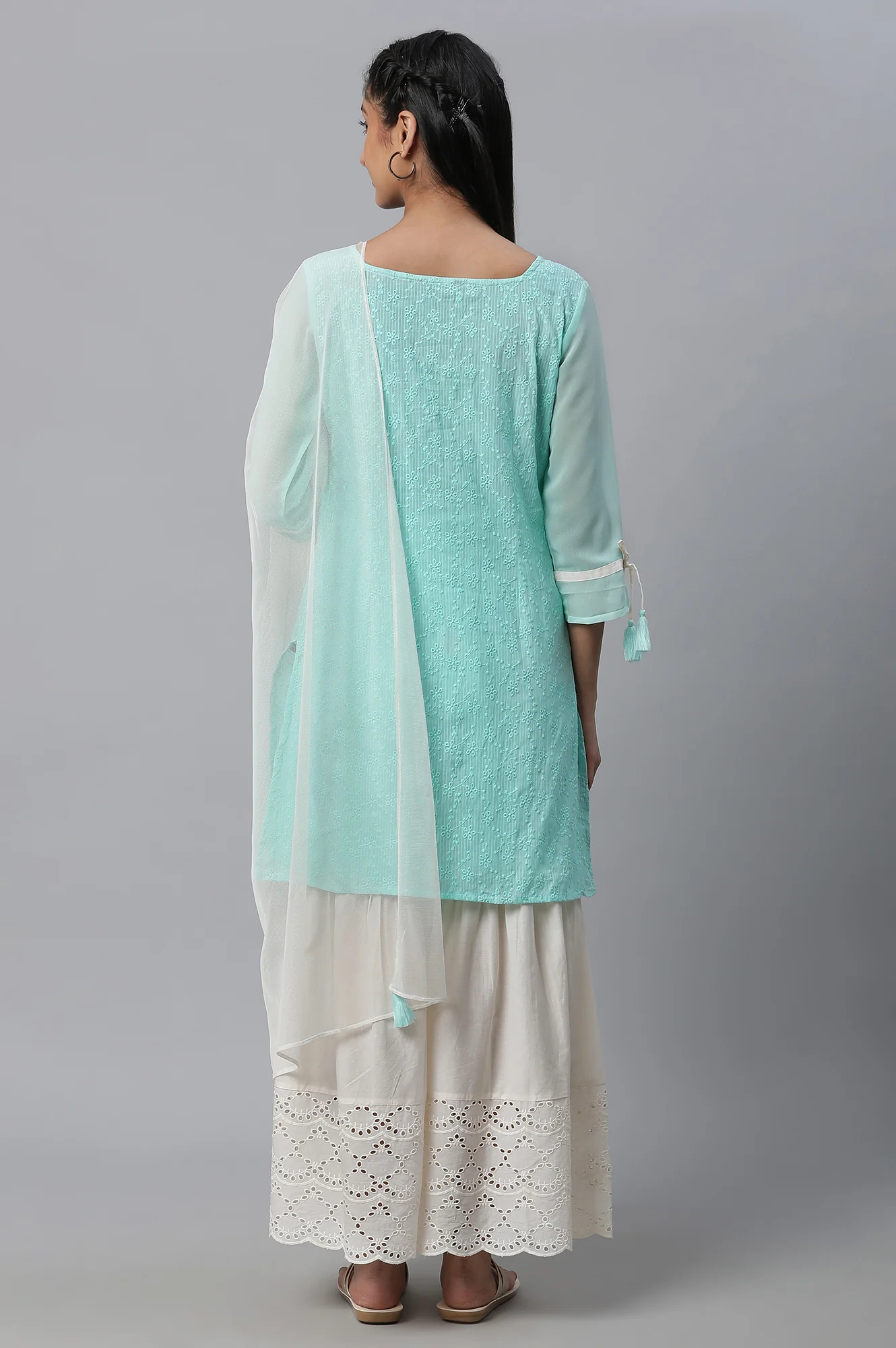 Green Schffli Kurta, Sharara and Dupatta Set - Image 4