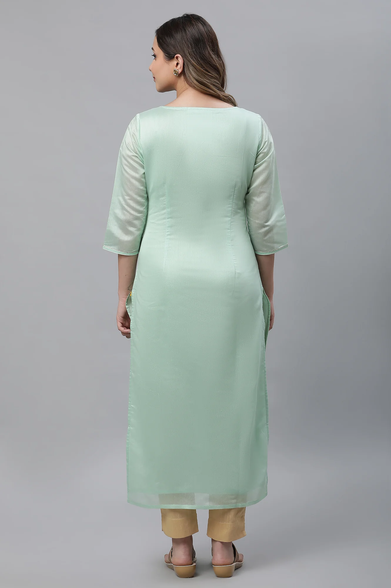 Green Semi Sheer Festive Chanderi Kurta - Image 3