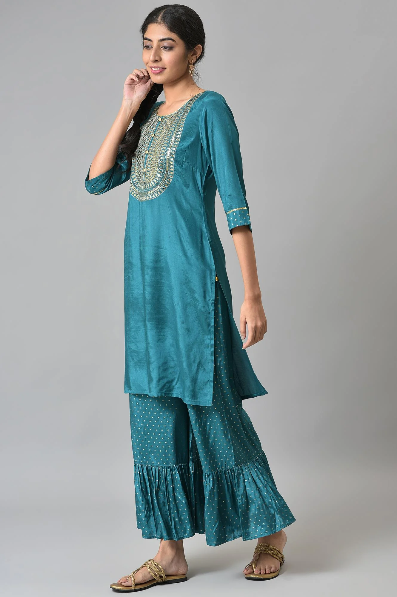 Green Shantung Liva Kurta With Gathered Sharara - Image 3