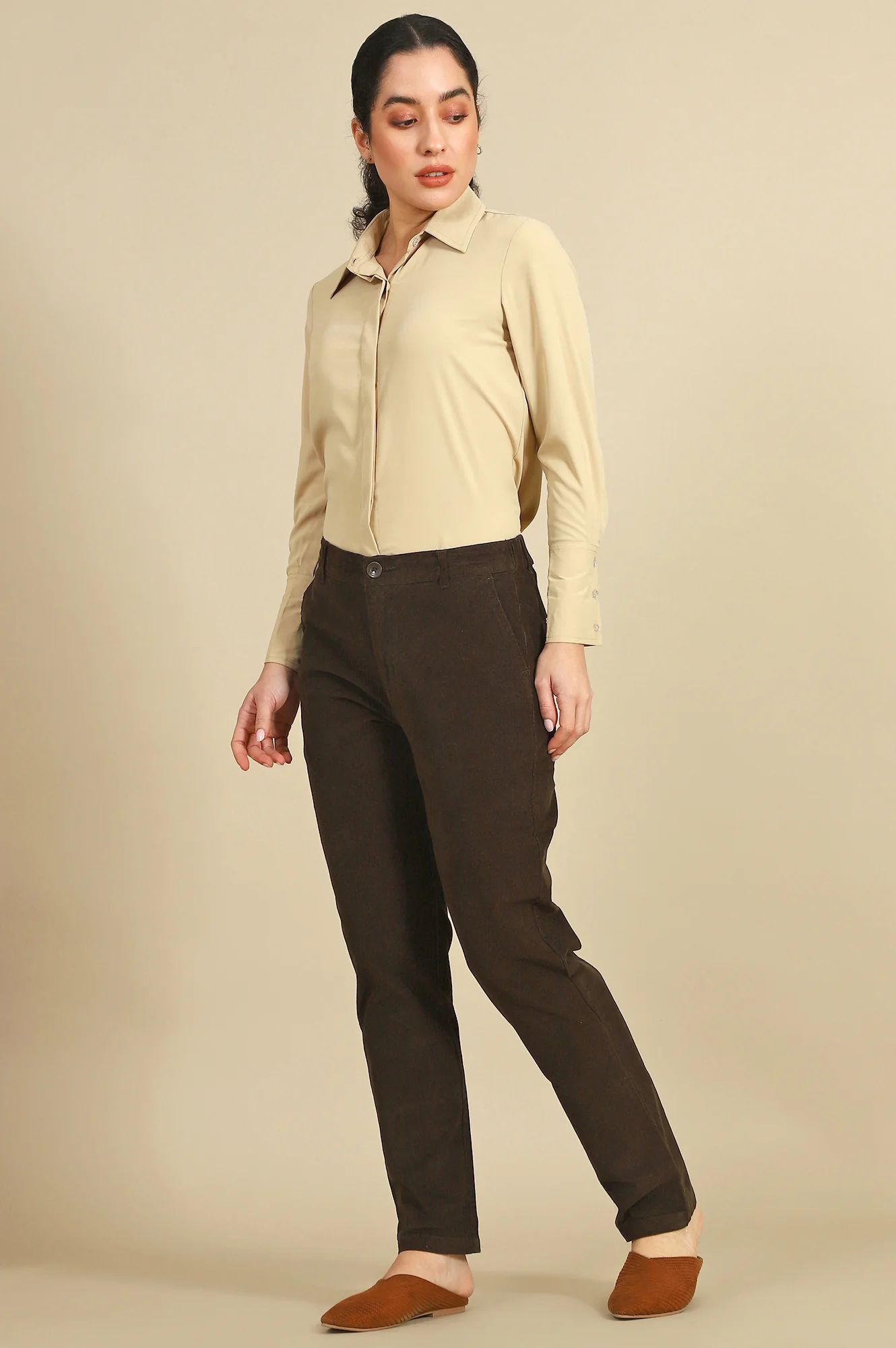 Dark Brown Solid Straight-fit Cotton Pants with YKK Zipper