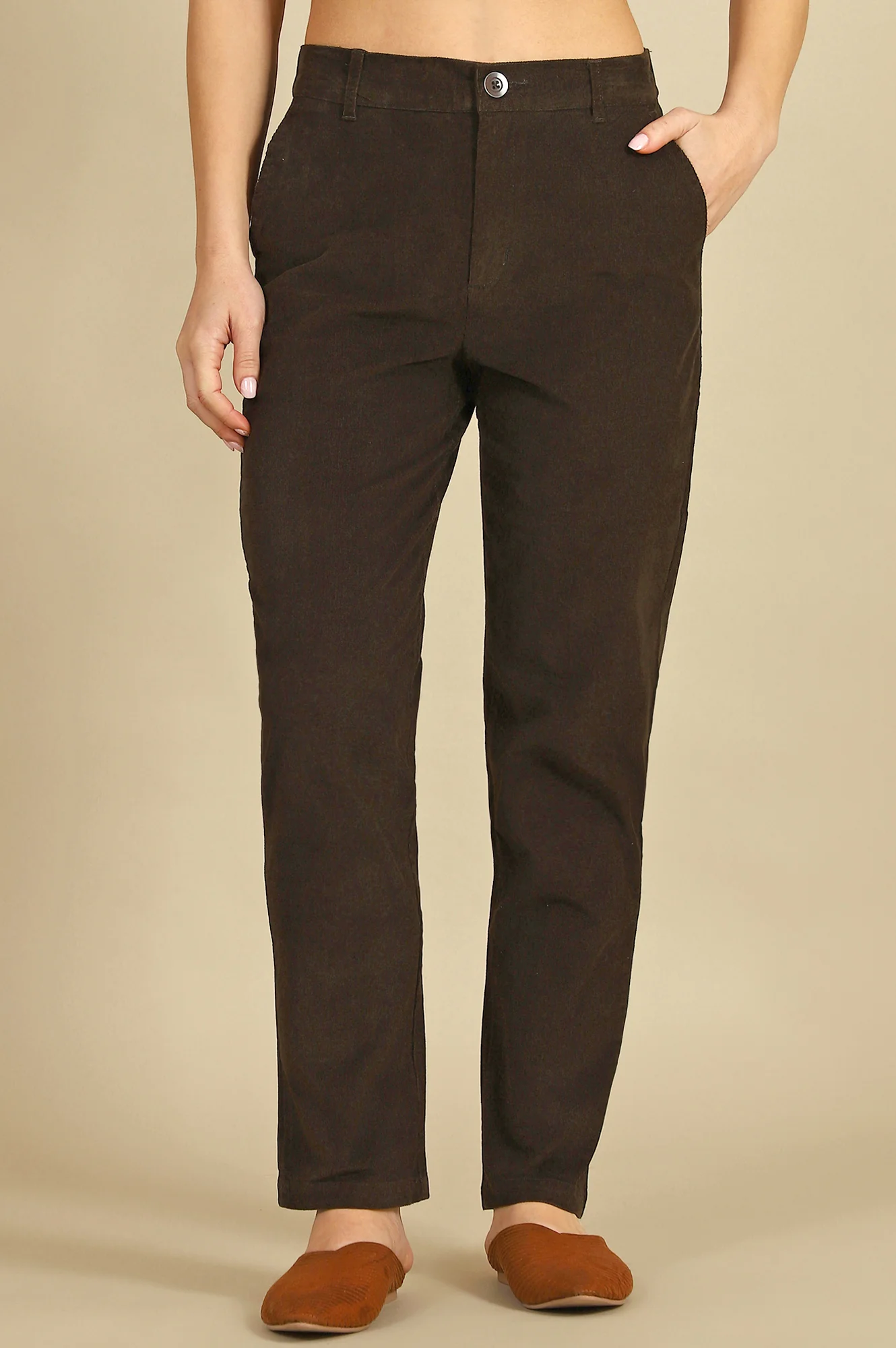 Dark Brown Solid Straight-fit Cotton Pants with YKK Zipper - Image 2