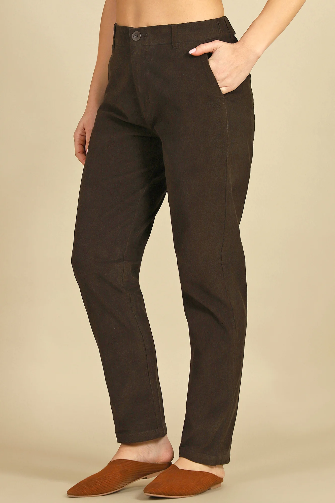 Dark Brown Solid Straight-fit Cotton Pants with YKK Zipper - Image 4