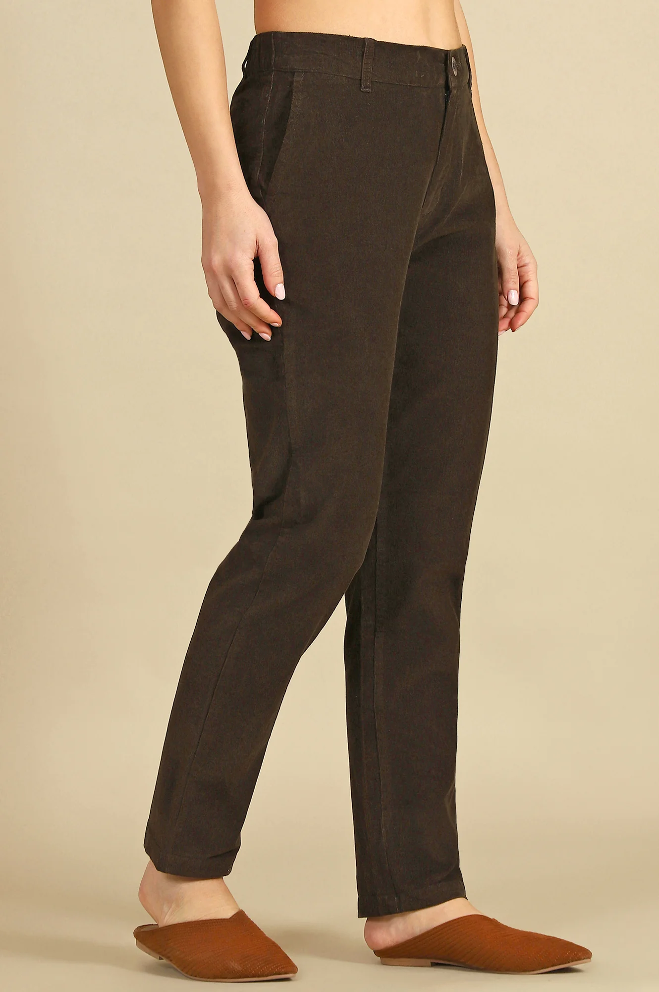 Dark Brown Solid Straight-fit Cotton Pants with YKK Zipper - Image 6
