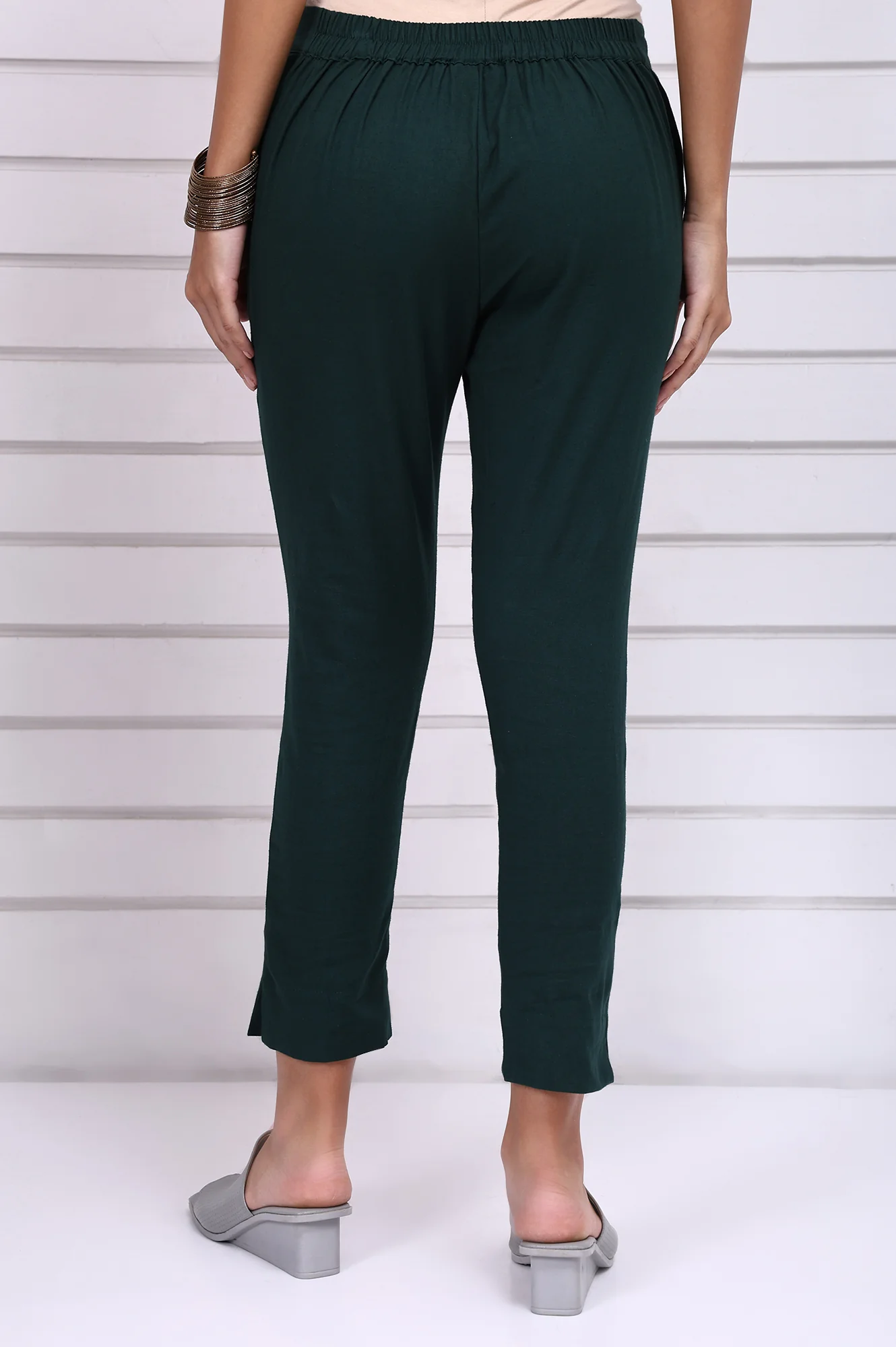 Green Solid Mid-Rise Cotton Trouser - Image 4