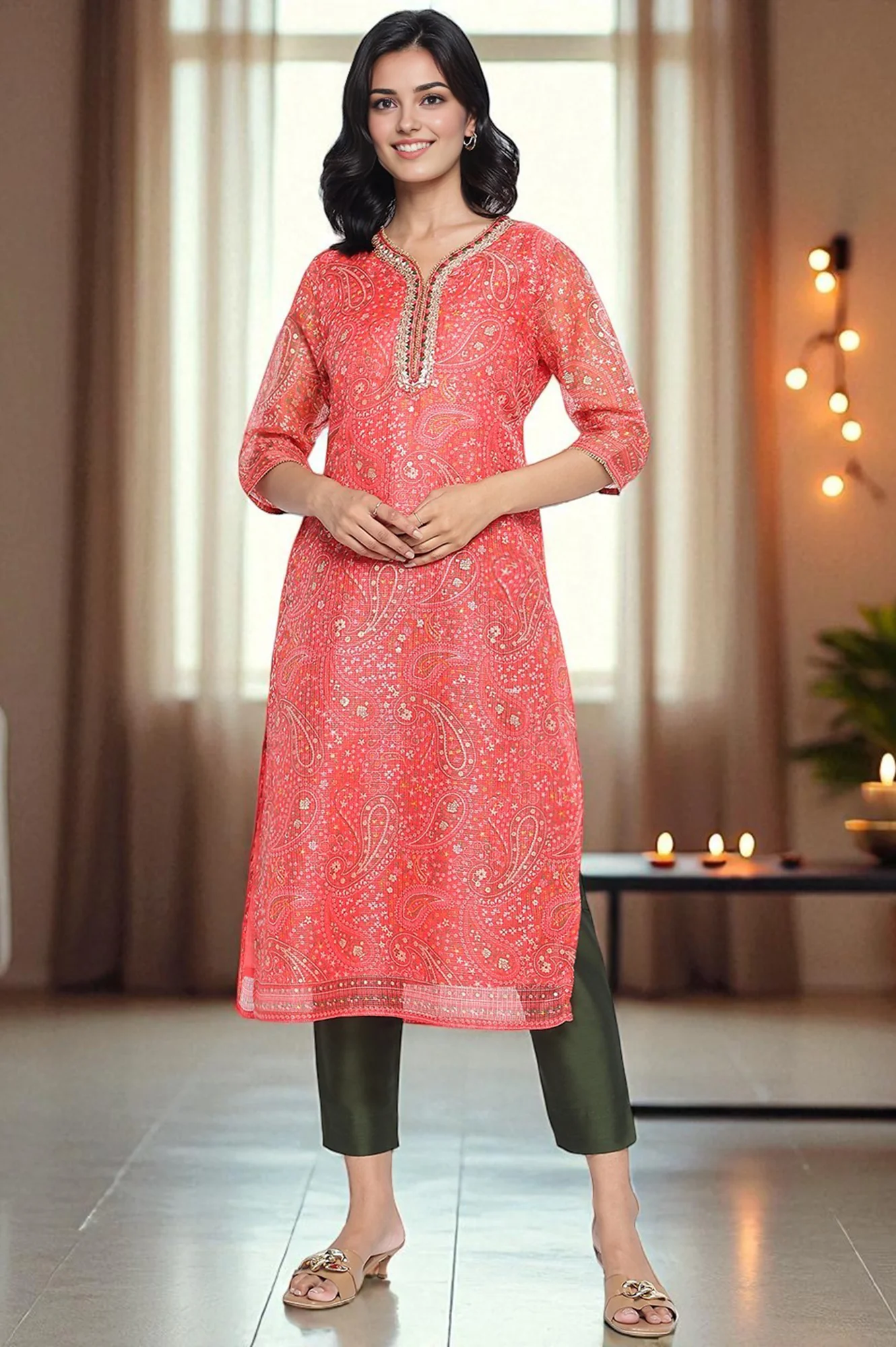 Green Solid Mid Rise Slub Trousers in Ankle Length - Image 6