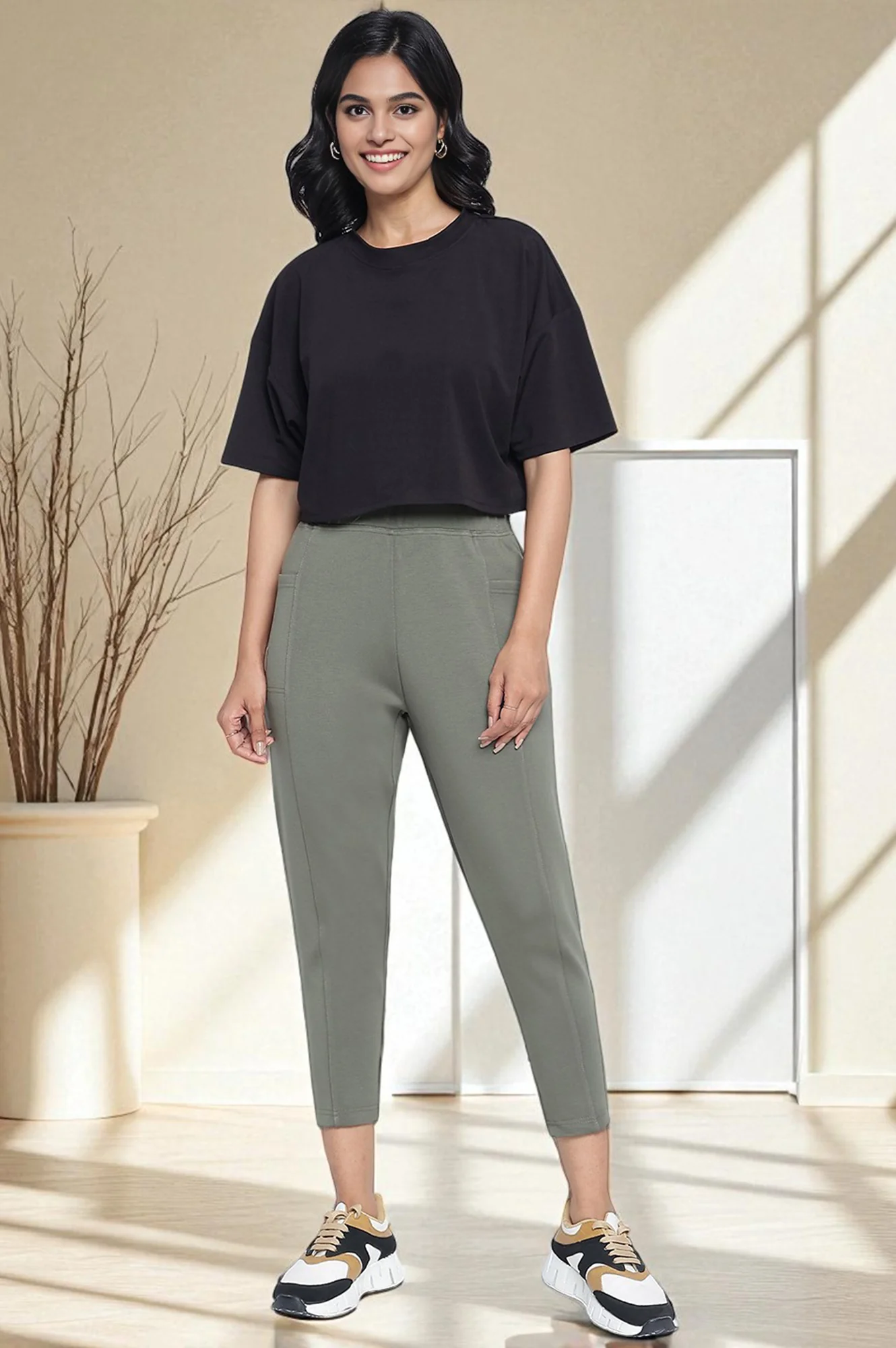 Green Solid Mid Rise Tights in Calf Length - Image 6