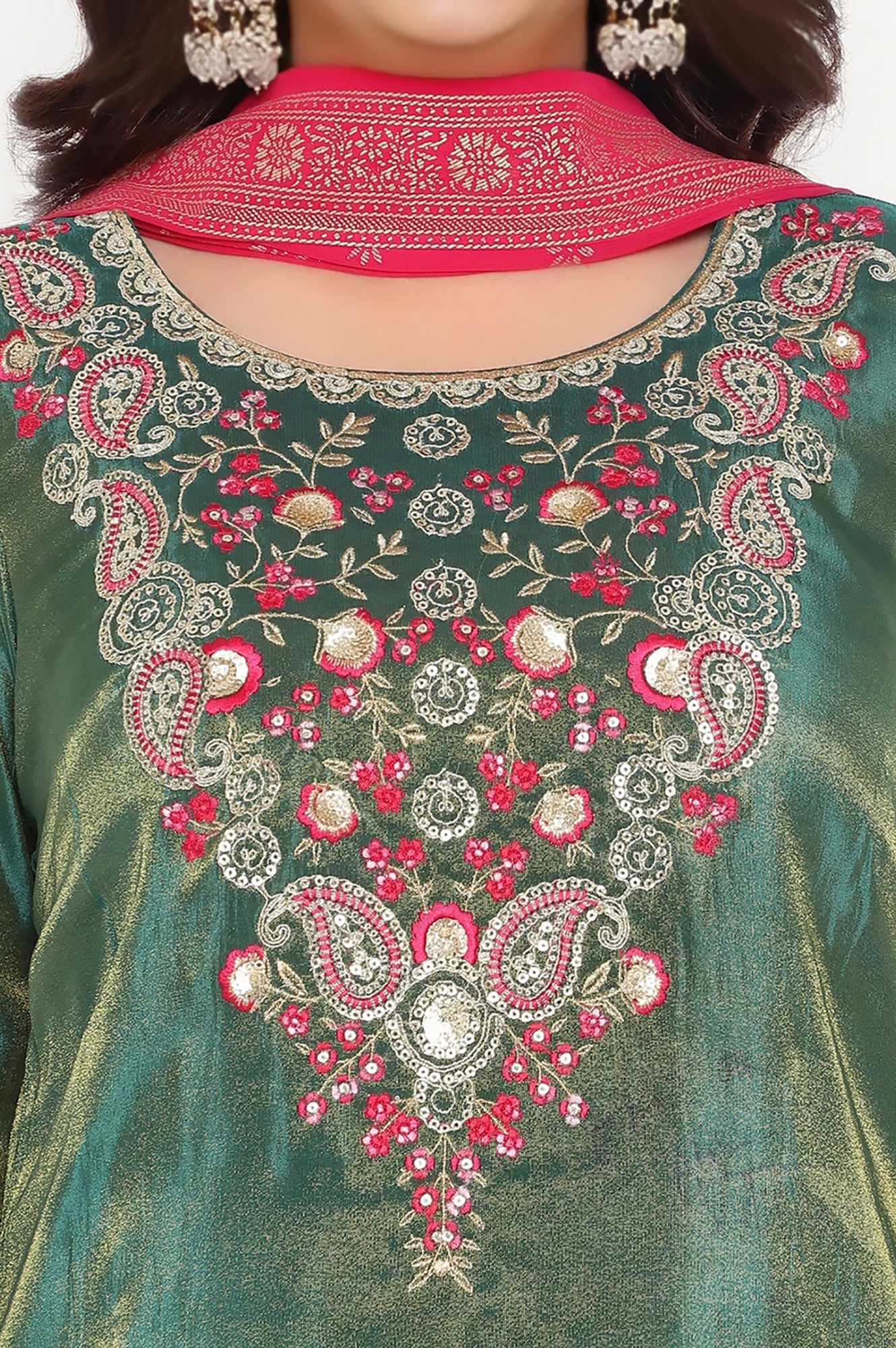 Green Solid Printed Sequins Tissues Kurta, Palazzo and Dupatta Set - Image 2