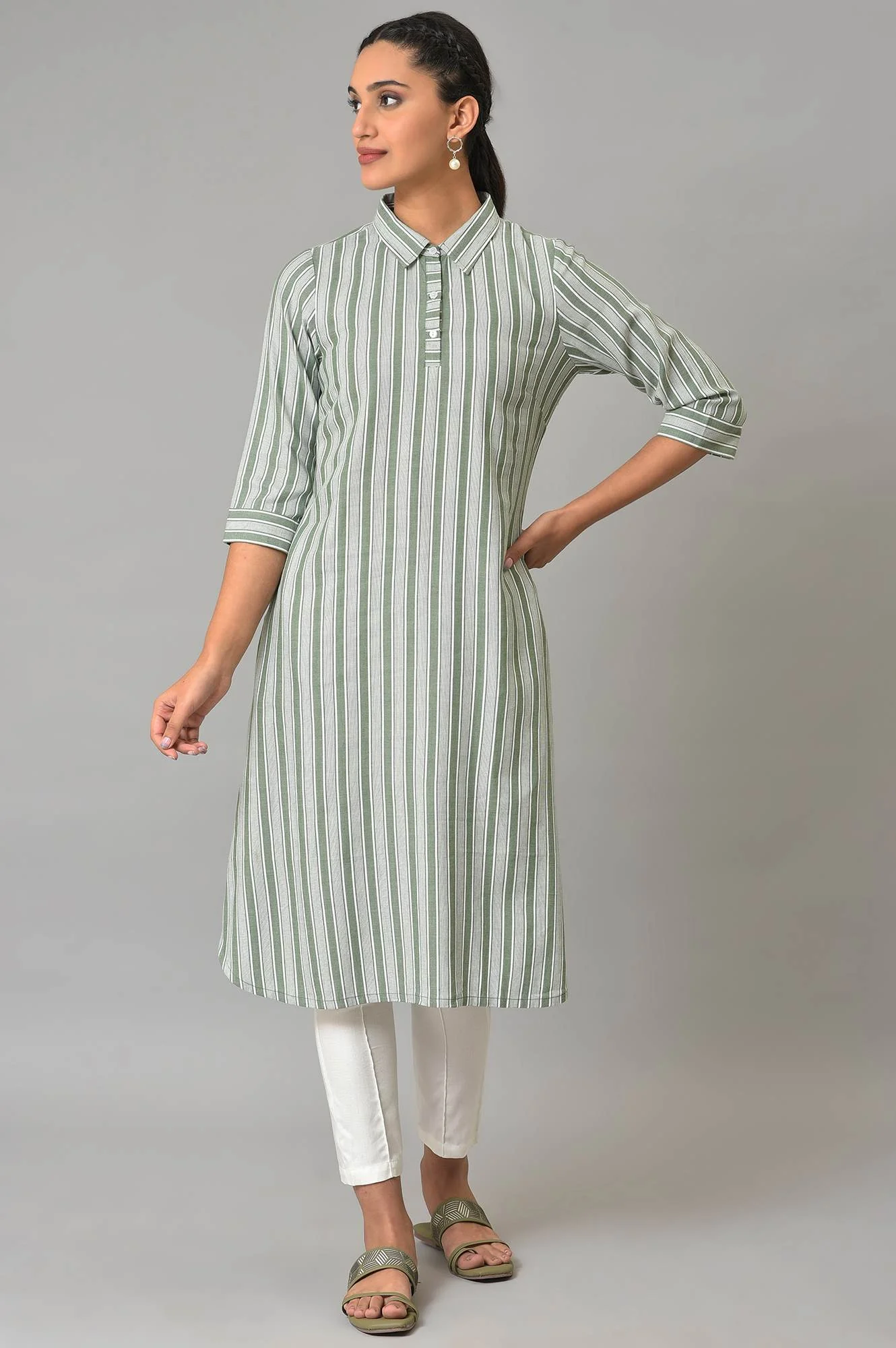 Green Stripe Print Shirt Collar Kurta - Image 6