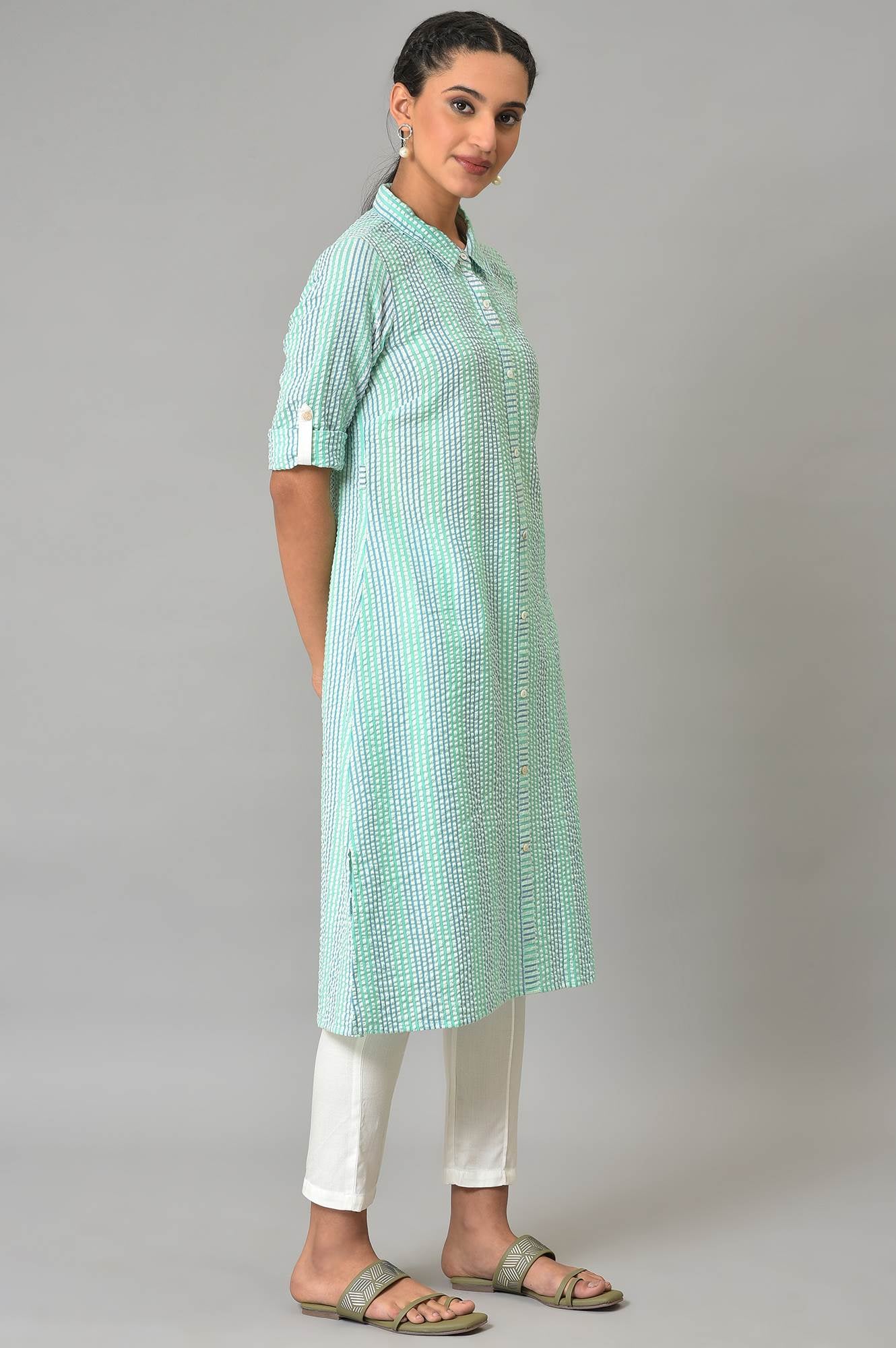 Green Striped A-Line Cotton Kurta - Image 4