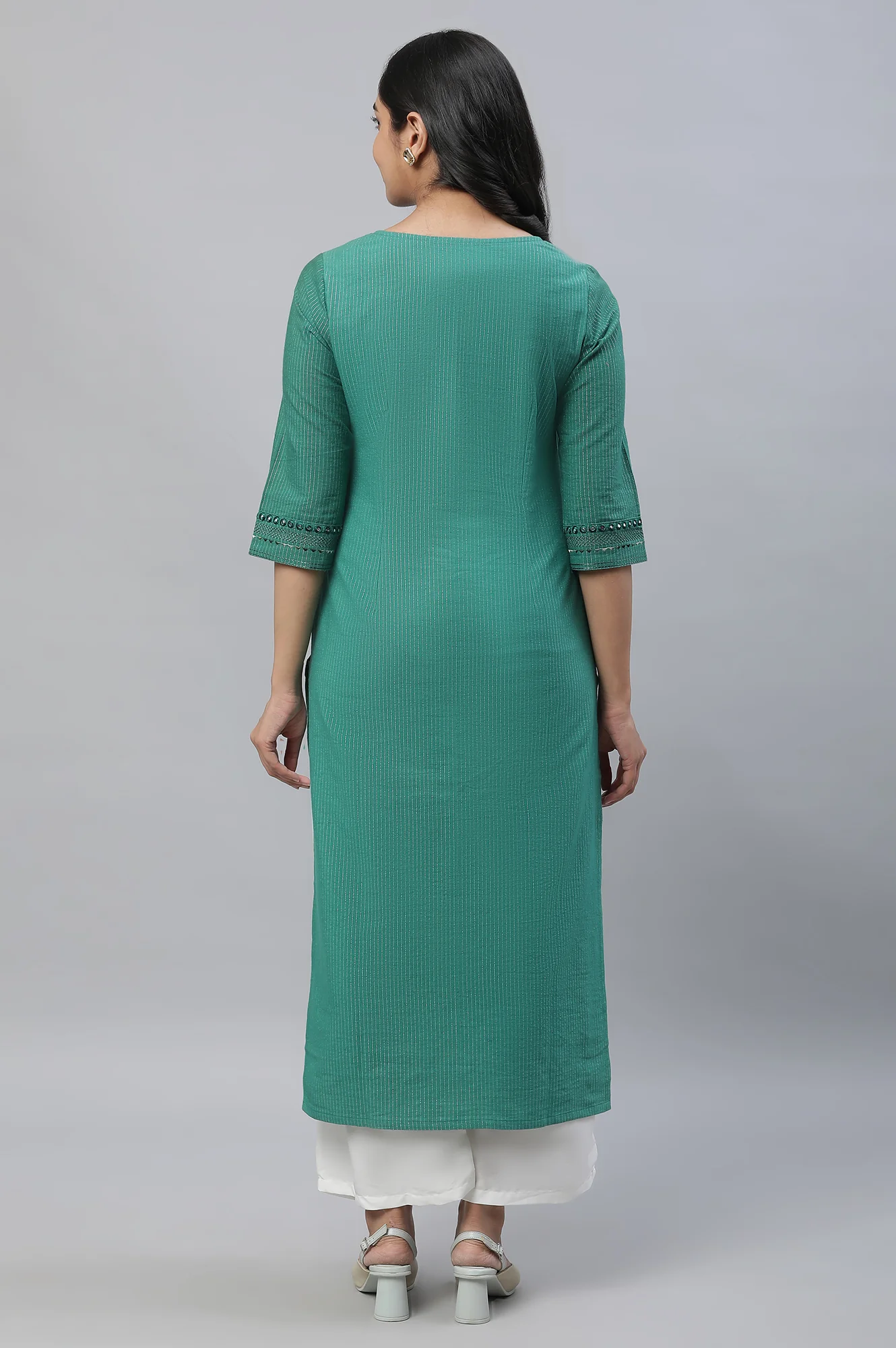 Green Striped Embroidered Straight Cotton Kurta - Image 4