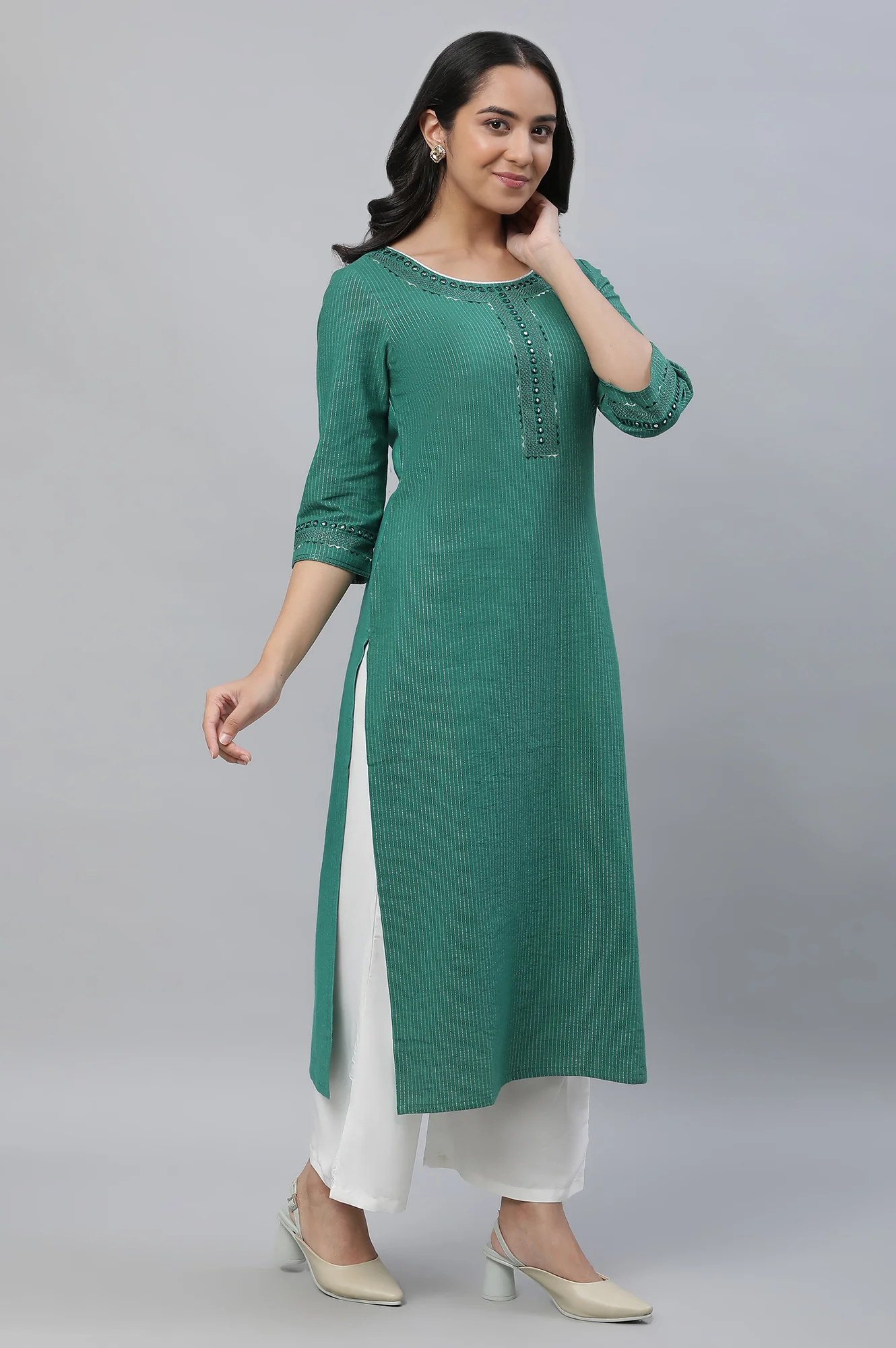 Green Striped Embroidered Straight Cotton Kurta - Image 5