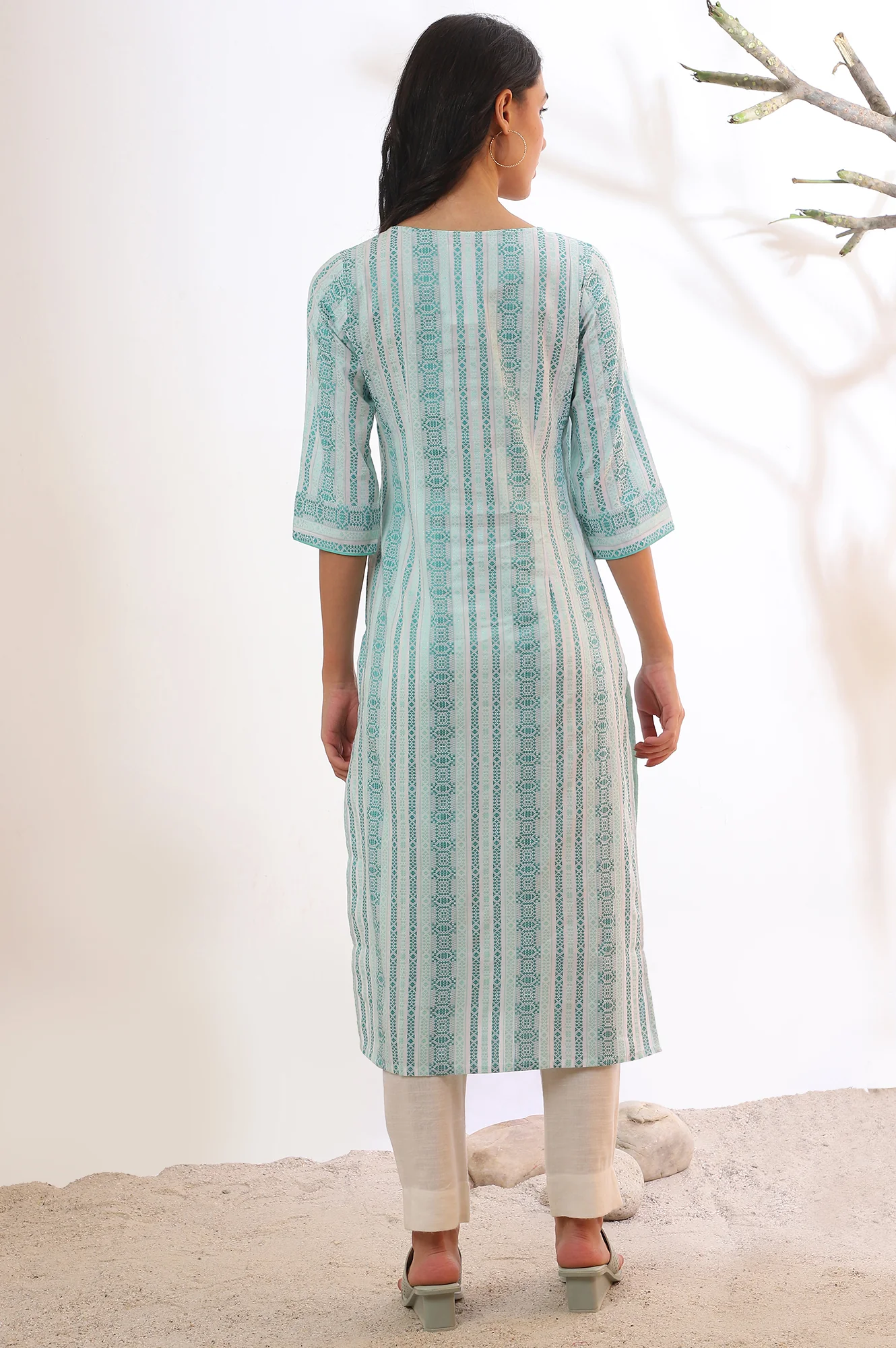 Green Yarn Dyed Straight Cotton Blend Kurta - Image 6