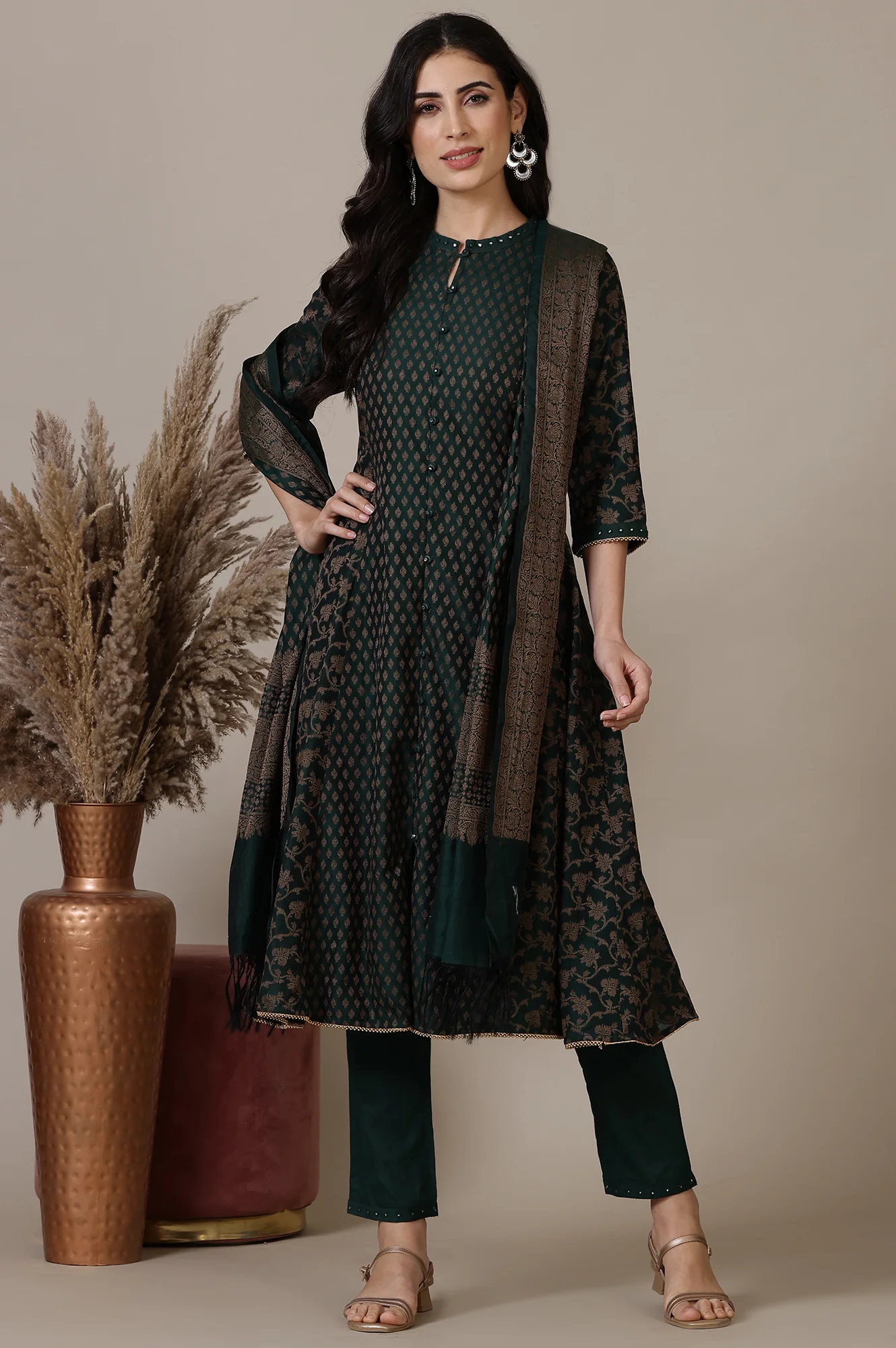 Green Yarn-Dyed Embroidered Cotton Blend Anarkali Kurta, Trousers and Dupatta Set - Image 2