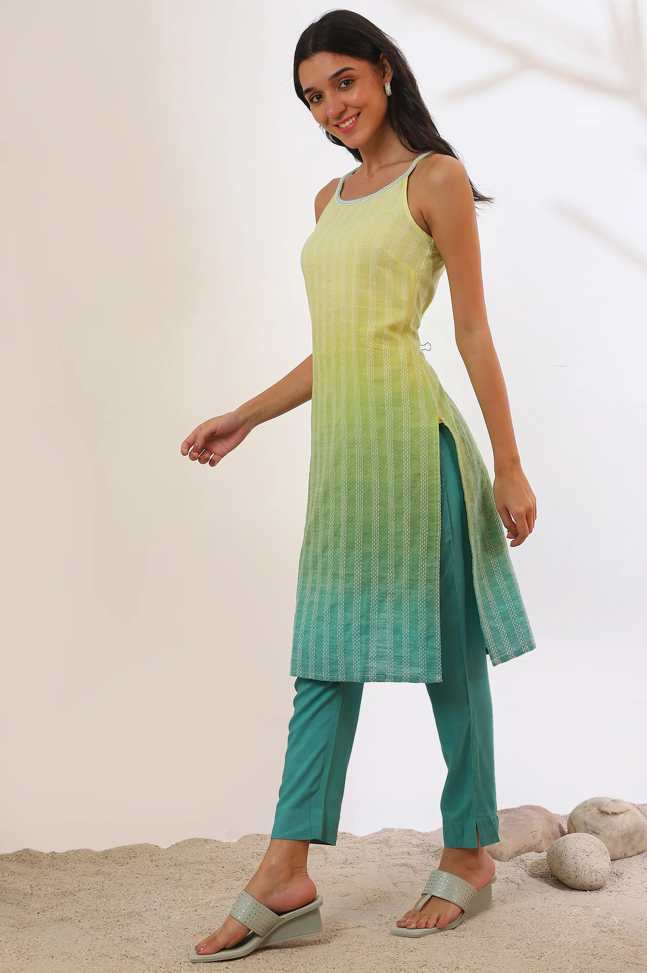 Green Yarn Dyed Pure Cotton Straight Kurta & Trousers Set - Image 5