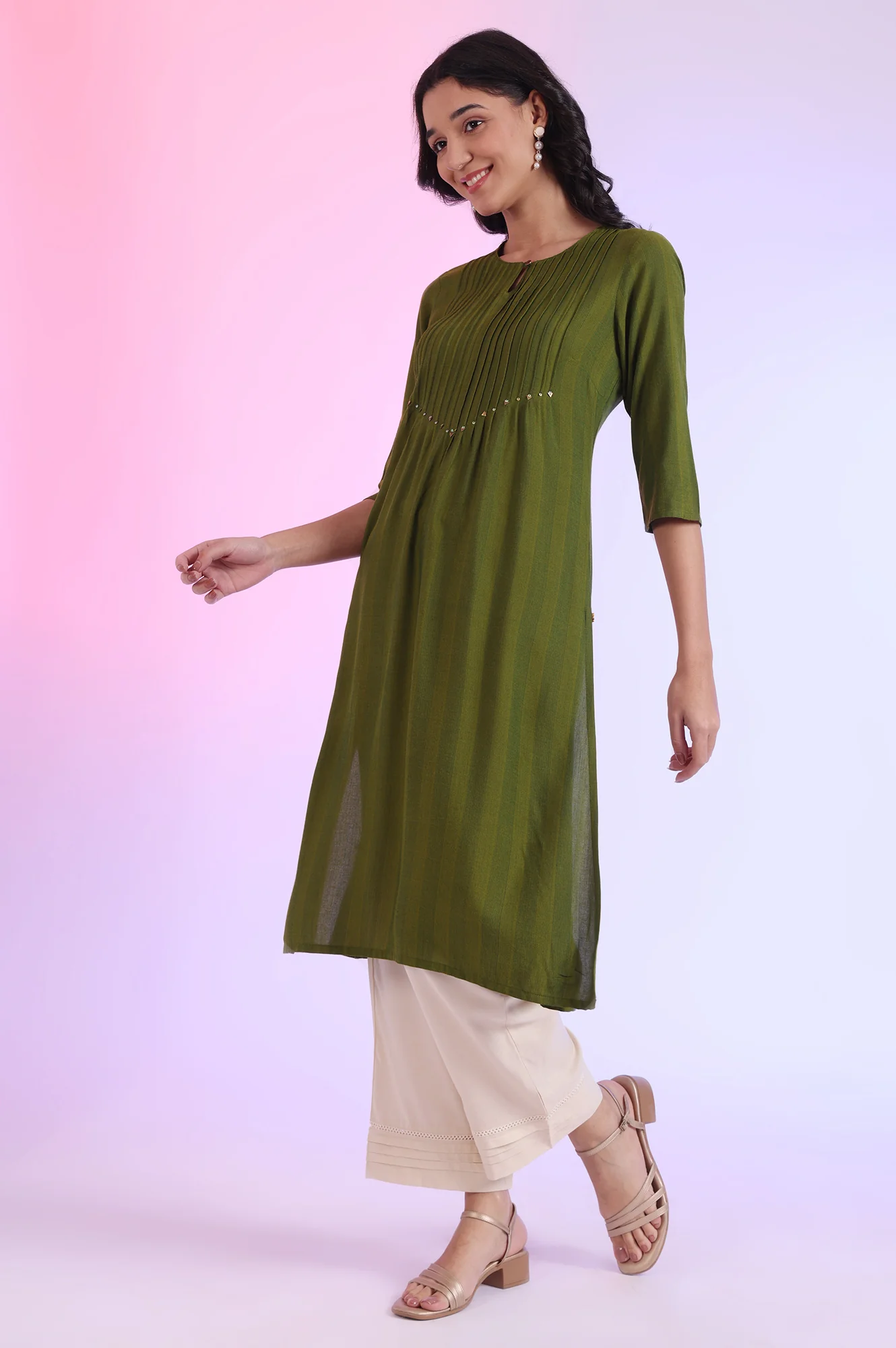 Green Yarn Dyed A-Line Rayon Kurta - Image 5