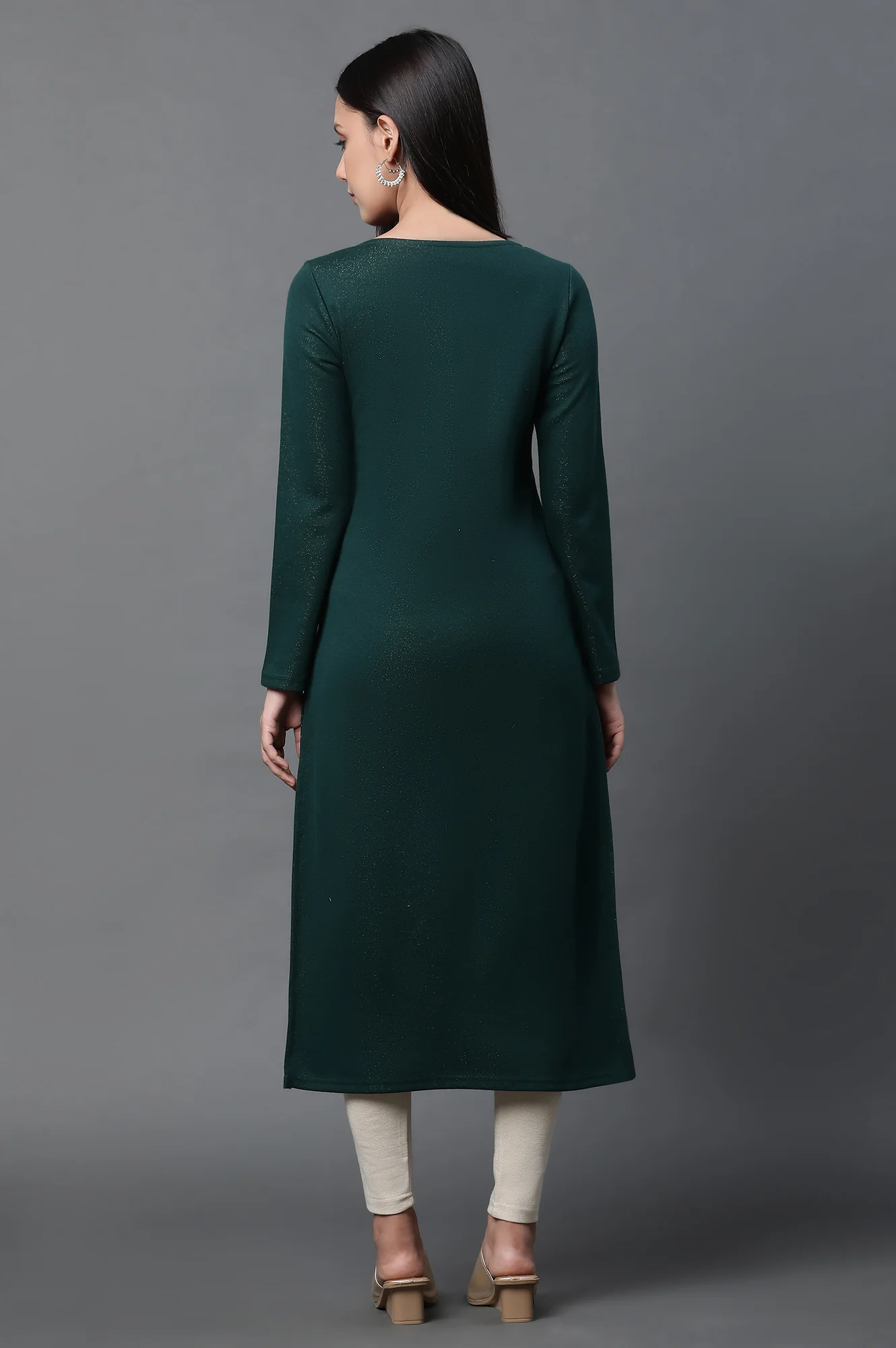 Green Zari Embroidered Ethnic Winter Kurta - Image 4