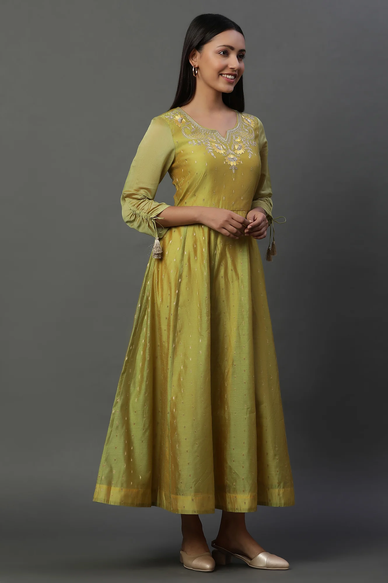 Green Zari Embroidered Flared Dress - Image 5