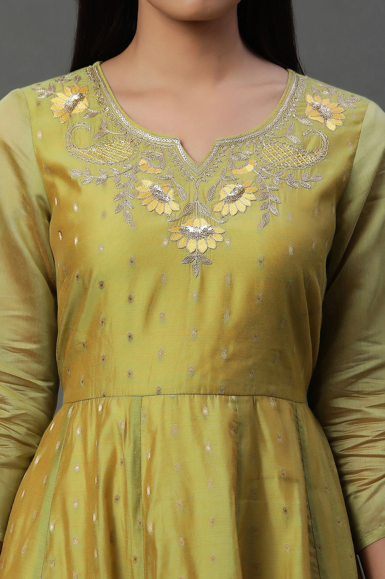 Green Zari Embroidered Flared Dress - Image 6