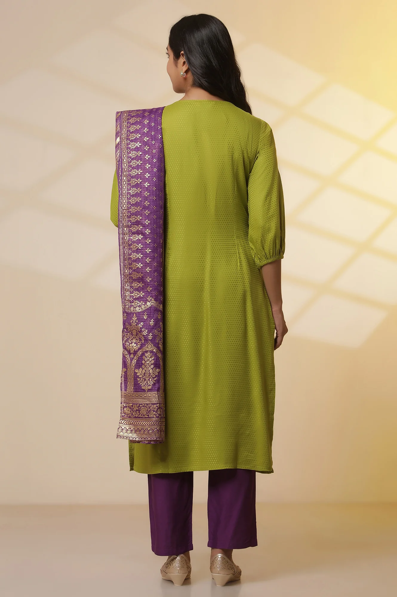 Green Zari Embroidered Kurta, Purple Palazzo and Dupatta Set - Image 4