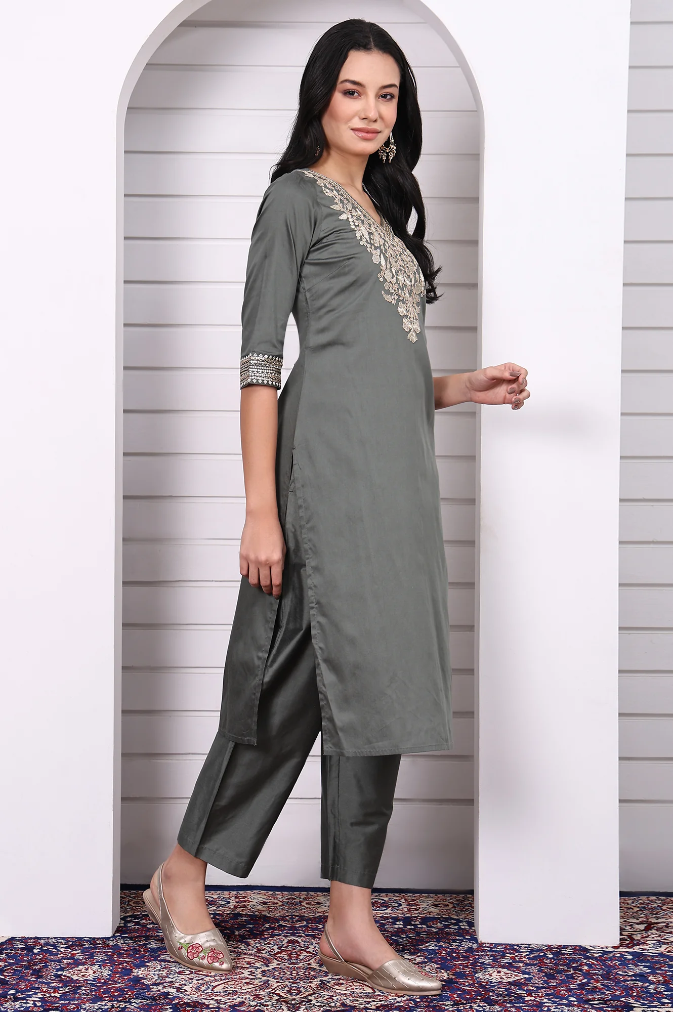 Green Zari Embroidered Rayon Straight Kurta, Palazzo and Dupatta Set - Image 6
