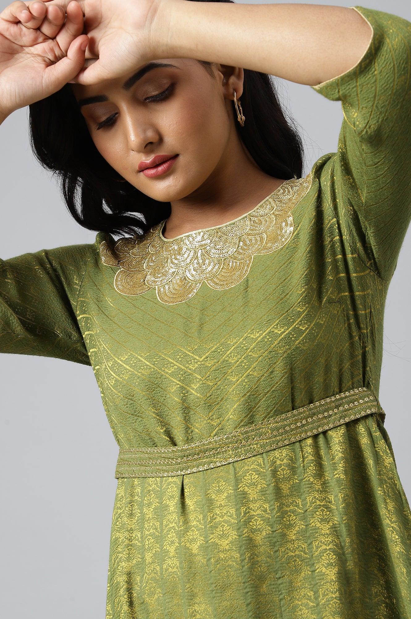 Green Zari Embroidered & Sequined Dobby Kurta - Image 9