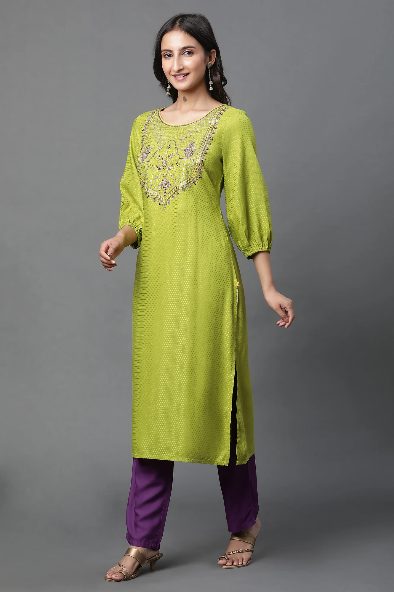 Green Zari Embroidered Straight Kurta and Palazzo Set - Image 3