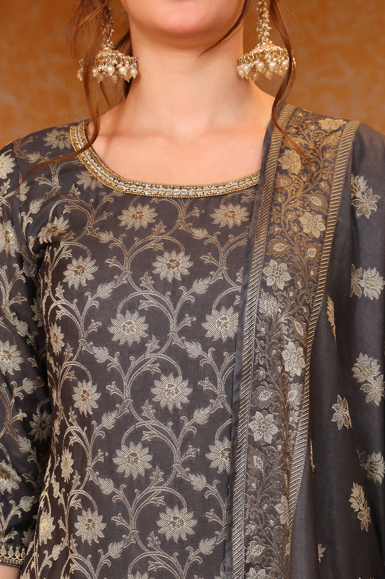 Grey Abstract Printed Beads Embellished Straight Jacquard Kurta, Pant and Dupatta Set - Image 3