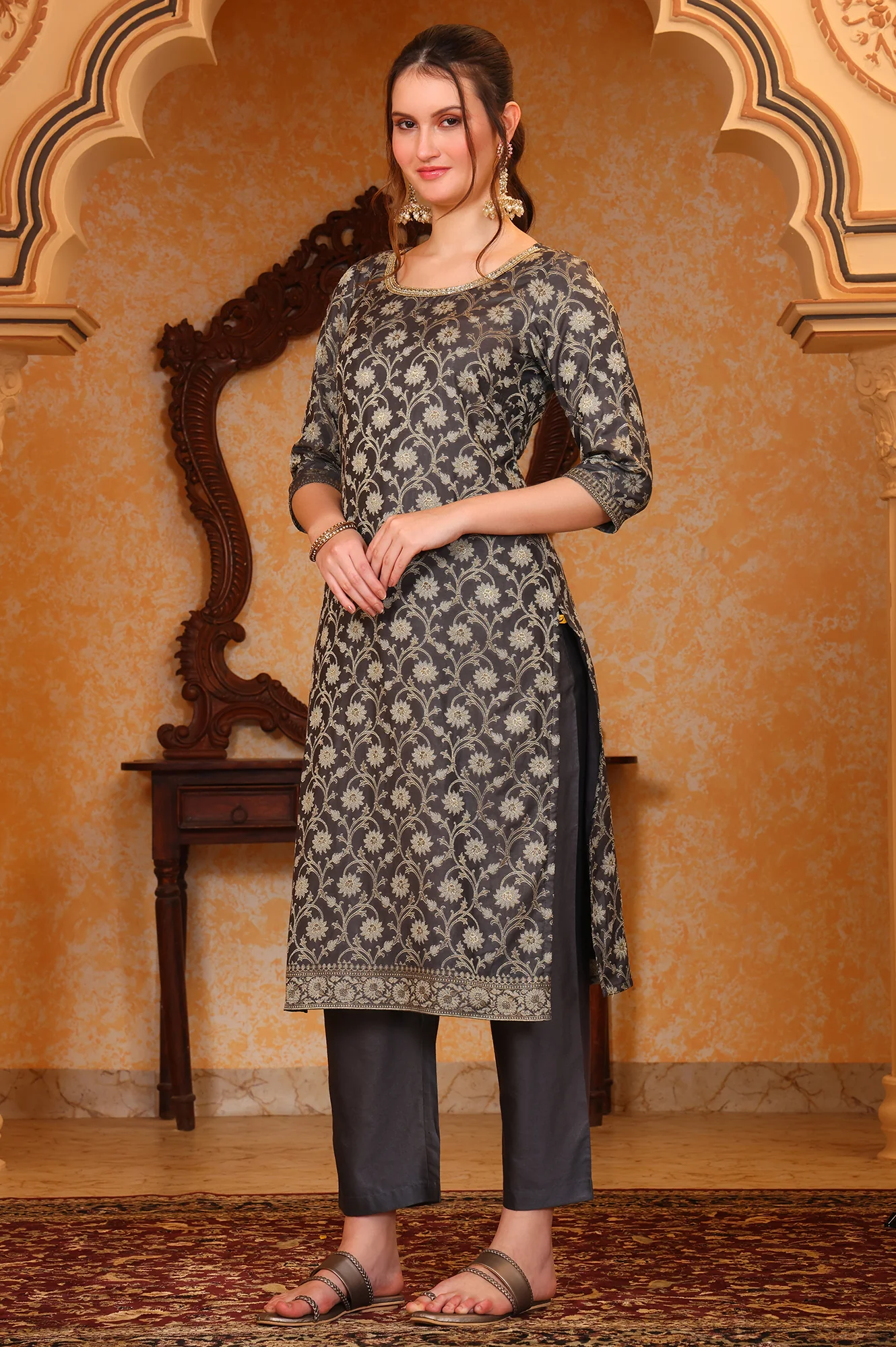 Grey Abstract Printed Beads Embellished Straight Jacquard Kurta, Pant and Dupatta Set - Image 4