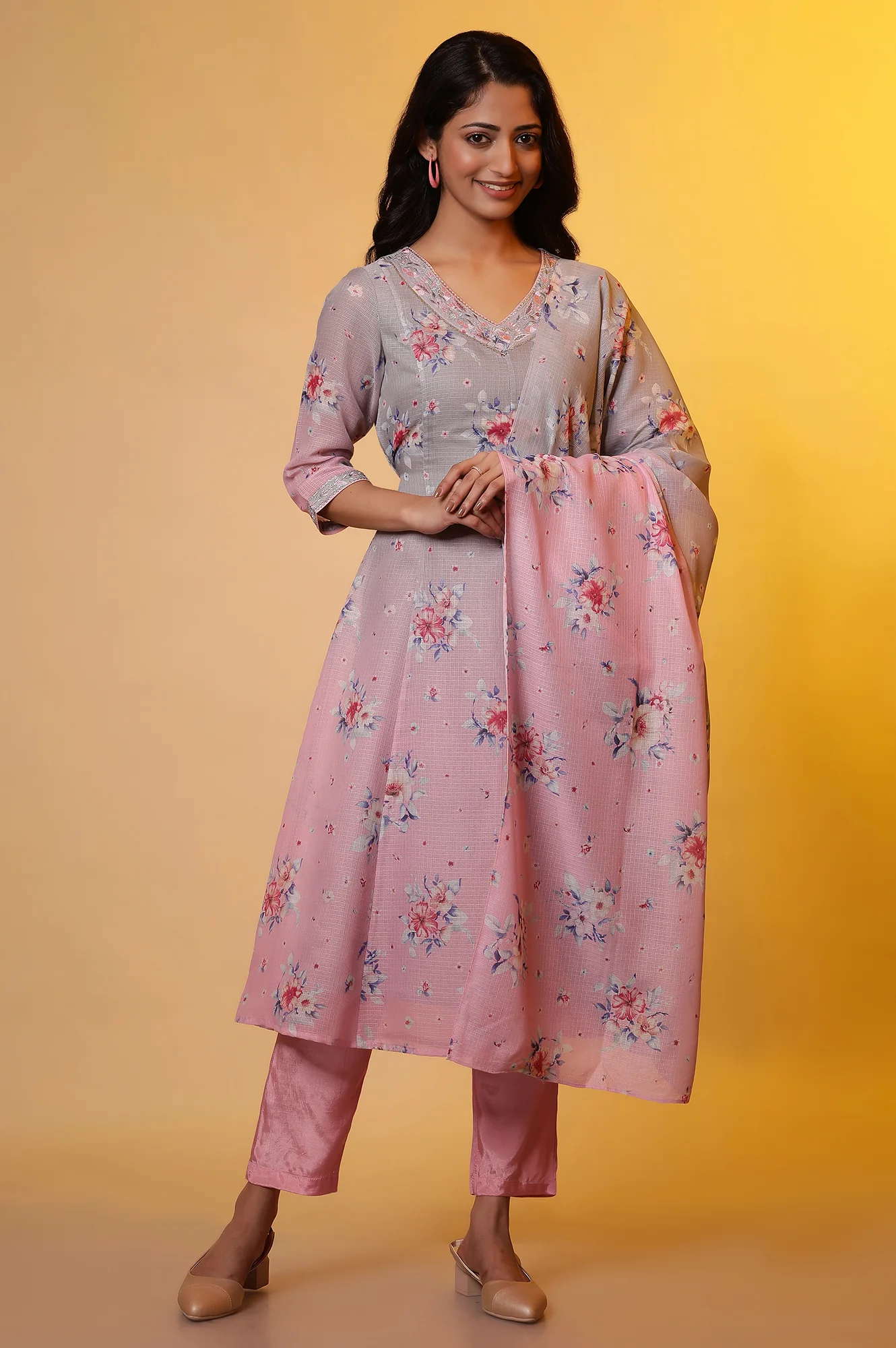 Grey and Pink Ombre Flared Kurta, Pants and Dupatta Set - Image 2