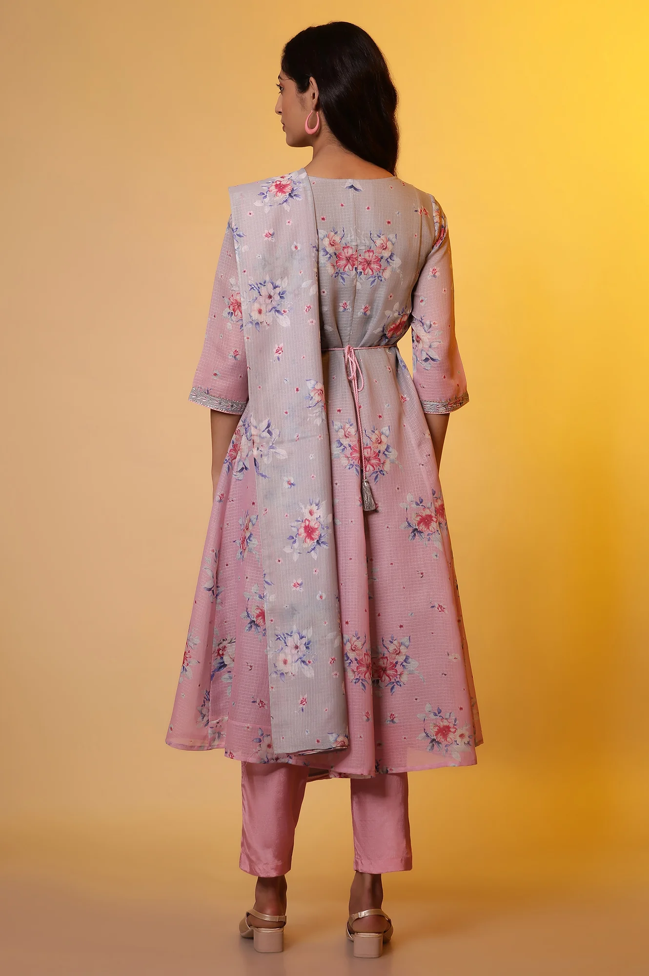 Grey and Pink Ombre Flared Kurta, Pants and Dupatta Set - Image 4