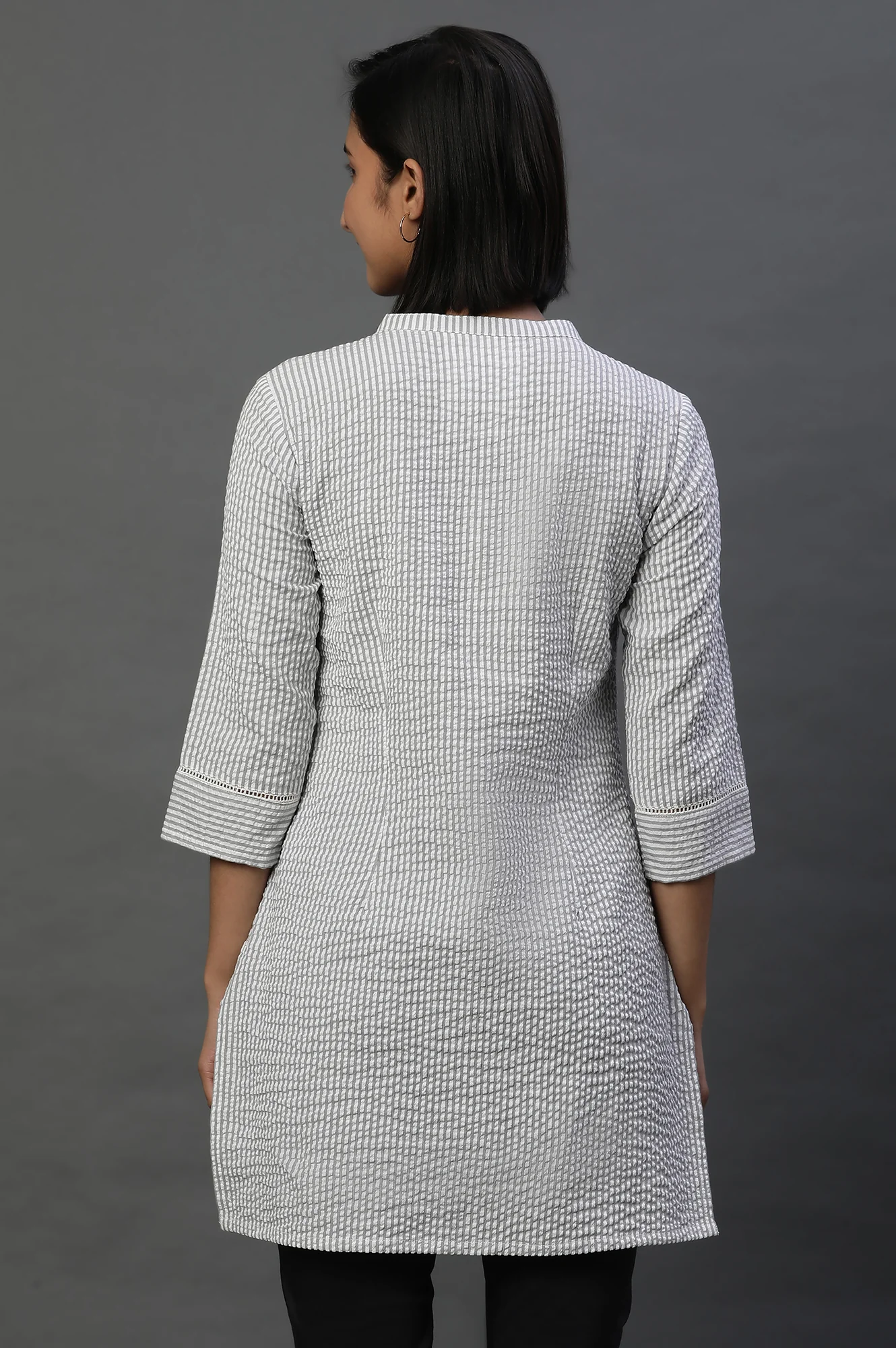 Grey and White Thread Embroidered Short Kurti - Image 3