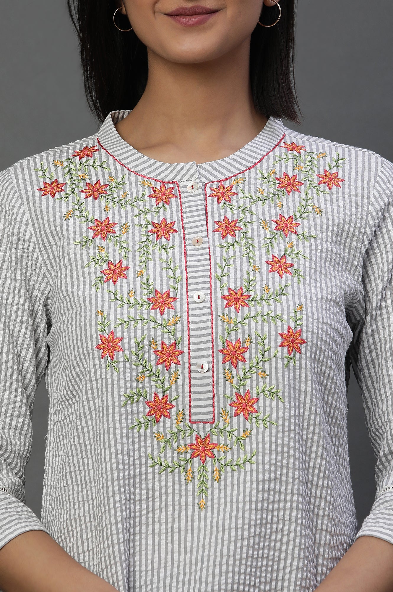 Grey and White Thread Embroidered Short Kurti - Image 6