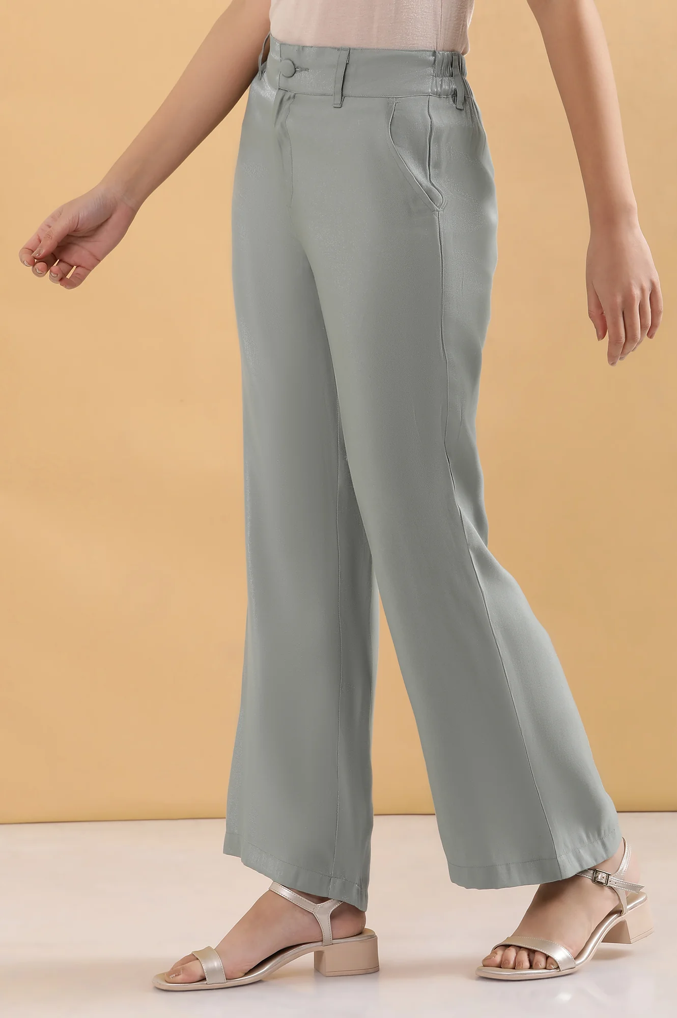 Grey Solid Straight Fit Woven Pants With Elasticated Back - Image 4