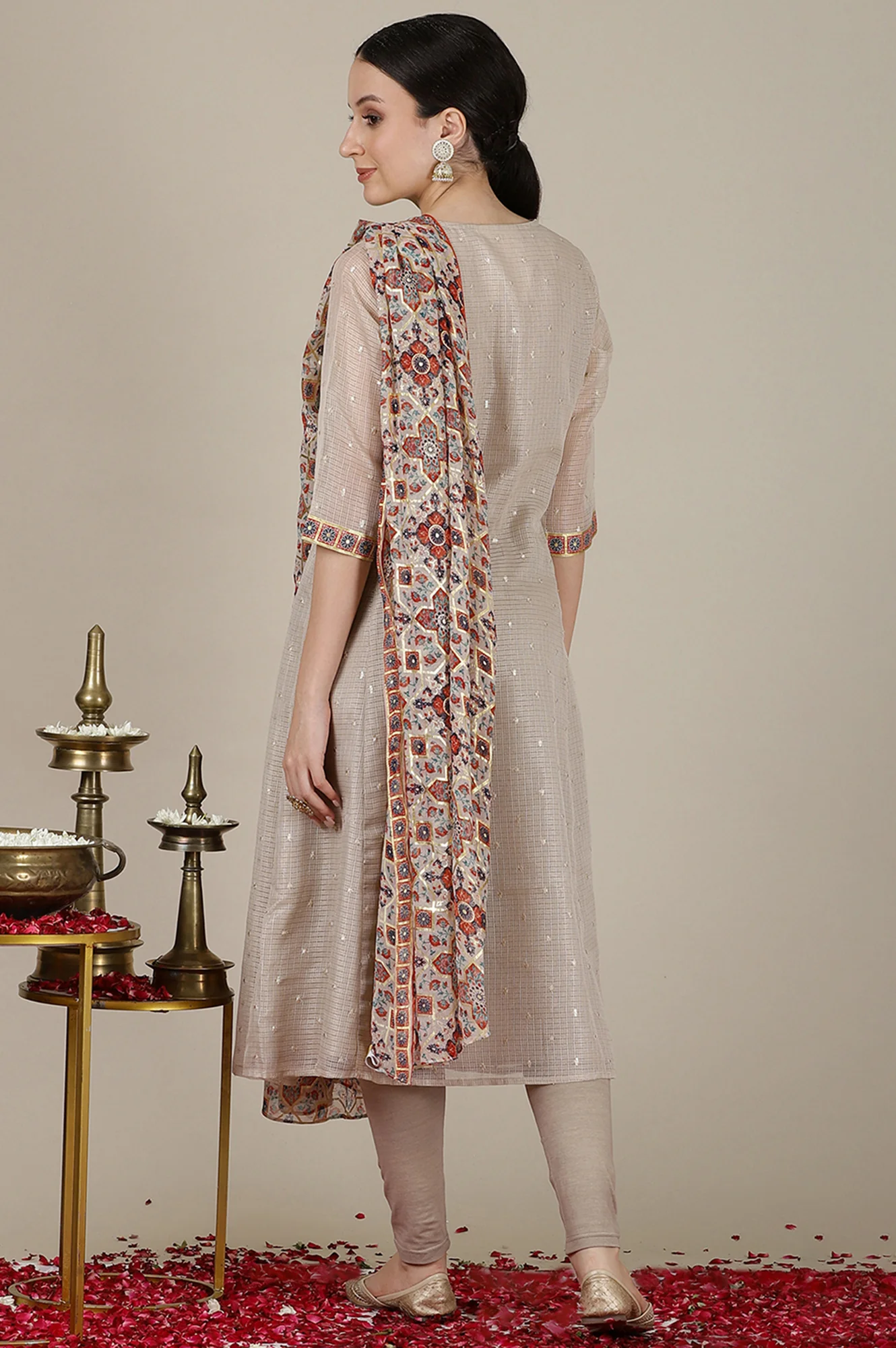 Grey Checker Gota Patti Embroidered A-line Kurta, Churidar and Dupatta Set - Image 5