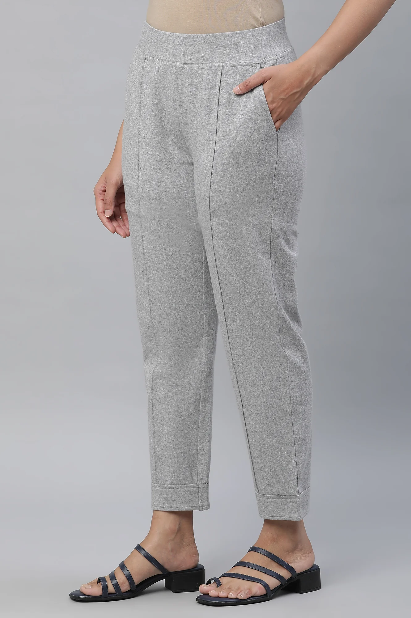 Grey Cotton Lycra Pintuck Trousers - Image 2