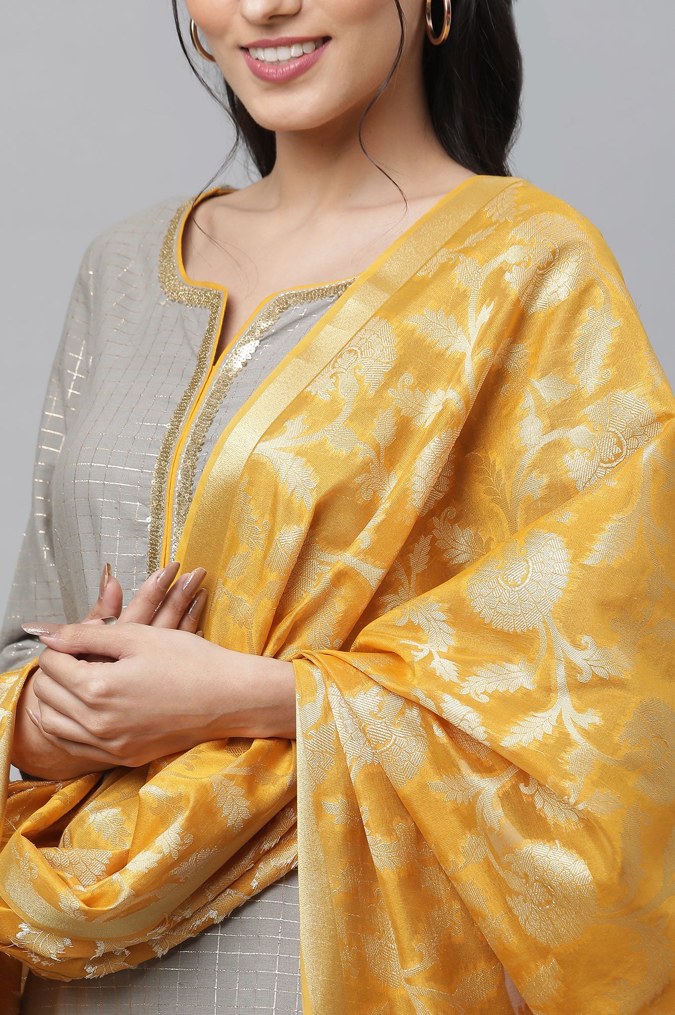 Grey Embellished Kurta, Pants & Dupatta - Image 6