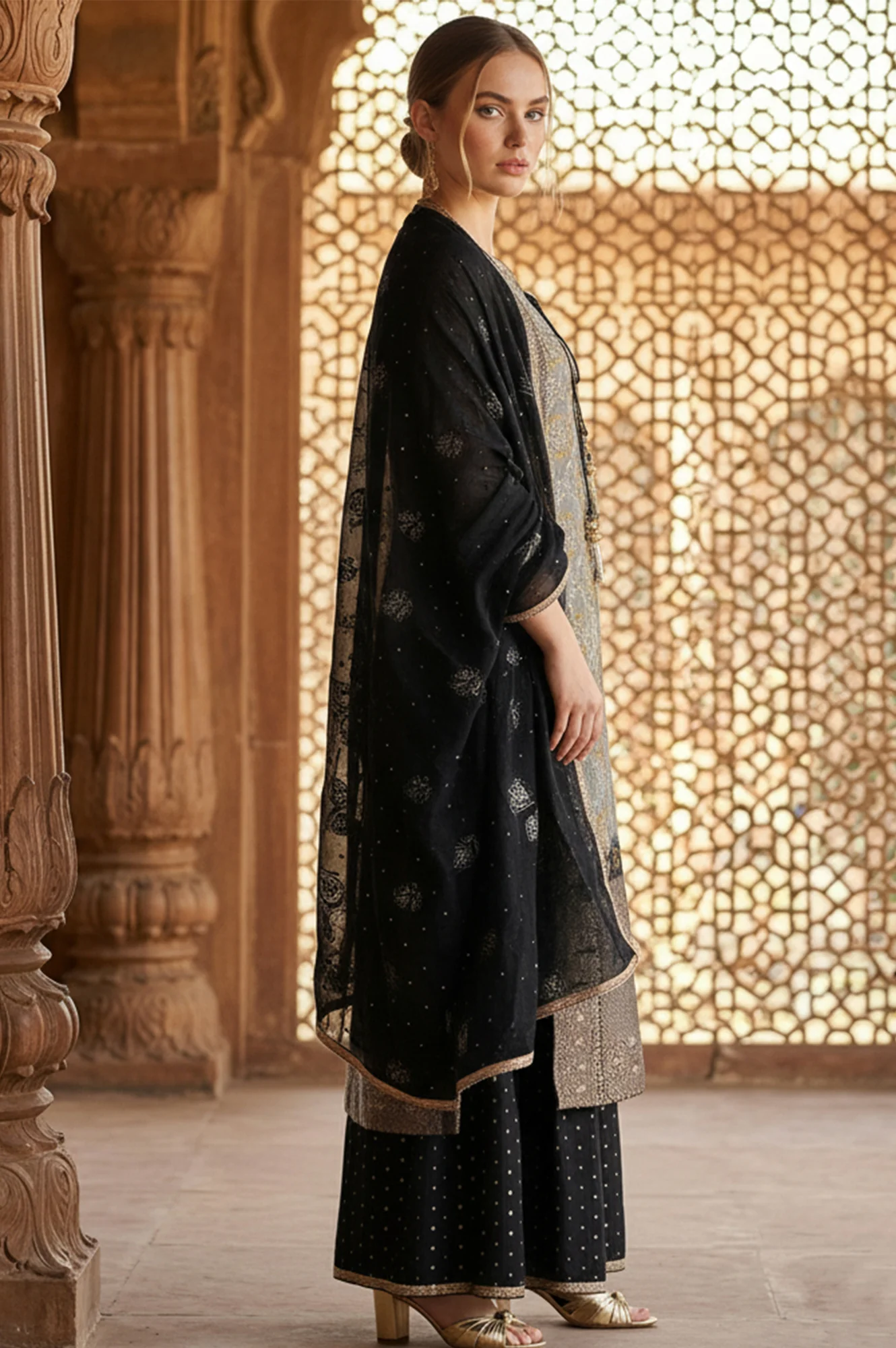 Grey Ethnic Motifs Embellished Jacquard Straight Kurta with Palazzo and Dupatta Set - Image 5