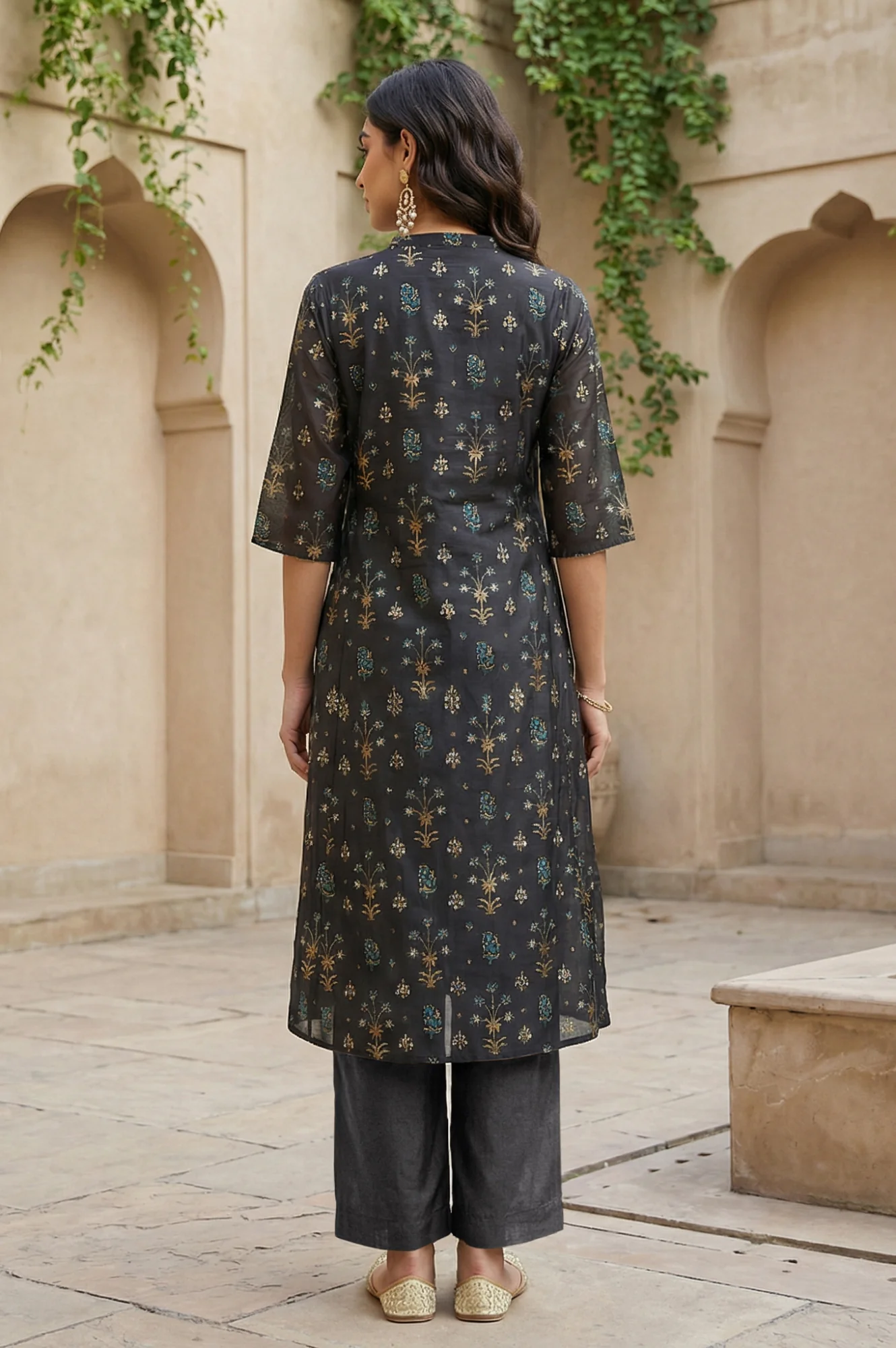 Grey Floral Printed A-line Chanderi Kurta - Image 5