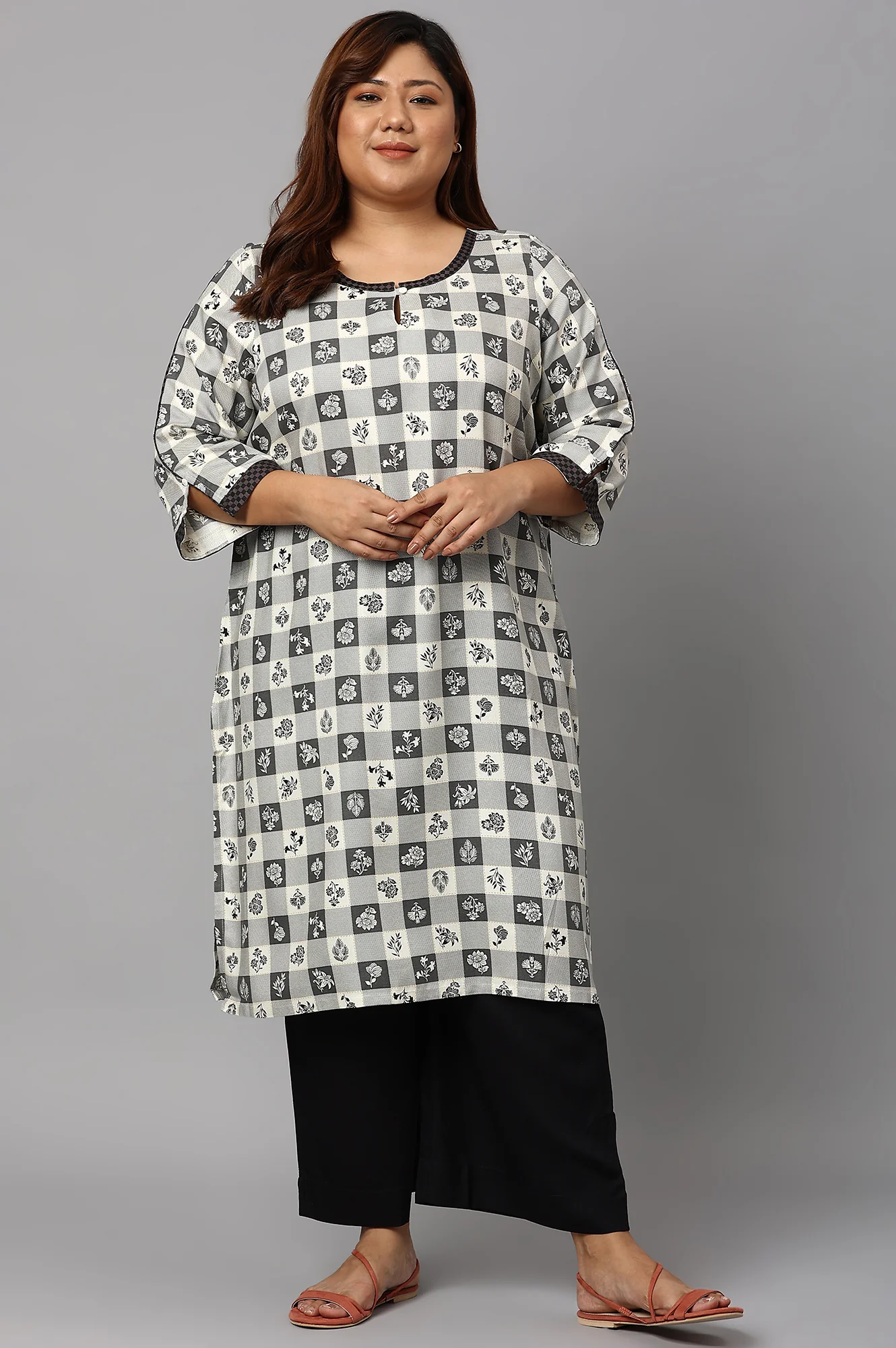 Grey Floral Printed Plus Size kurta - Image 6