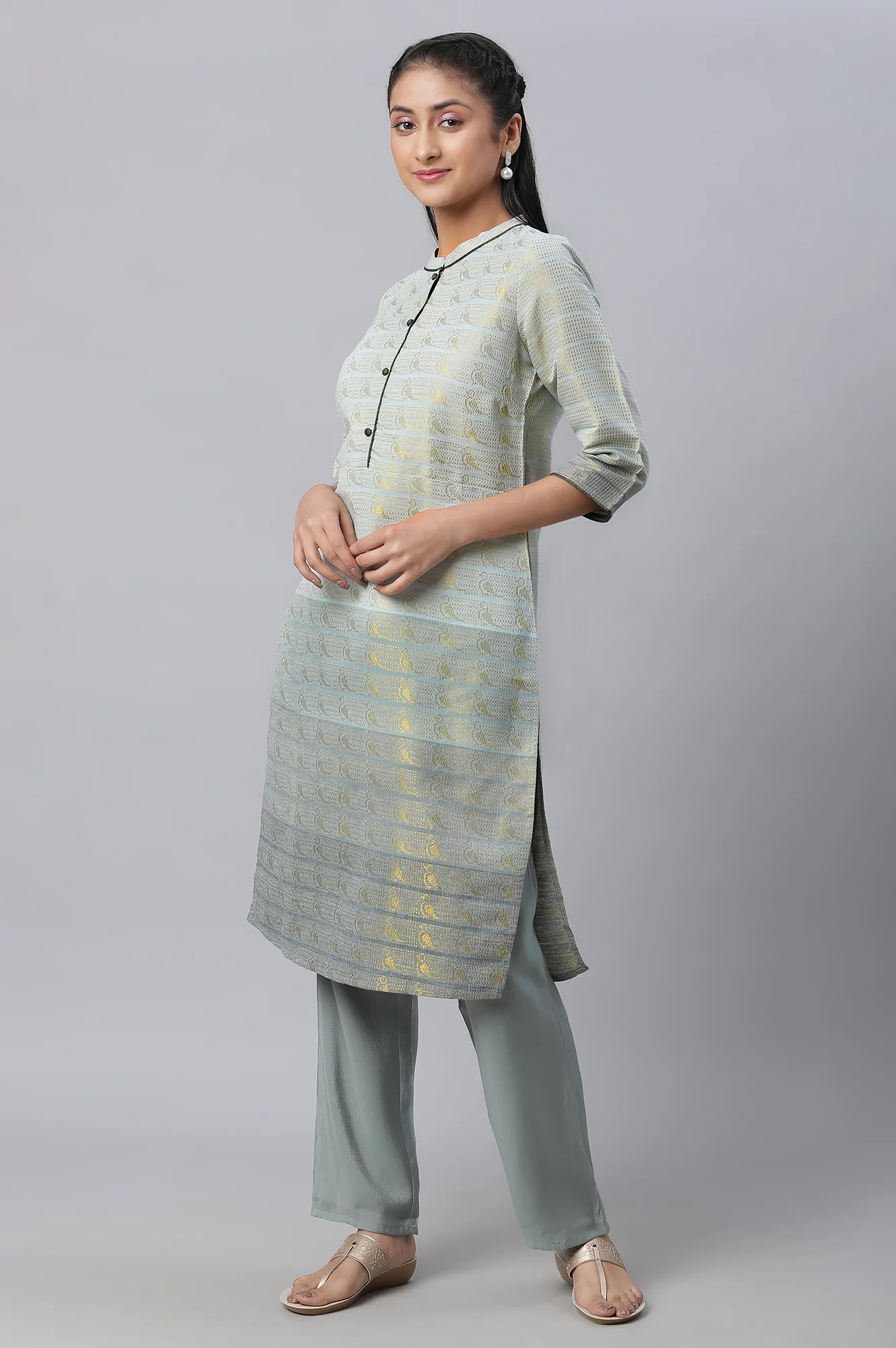 Grey Geometric Print Zari Straight Cotton Kurta - Image 2