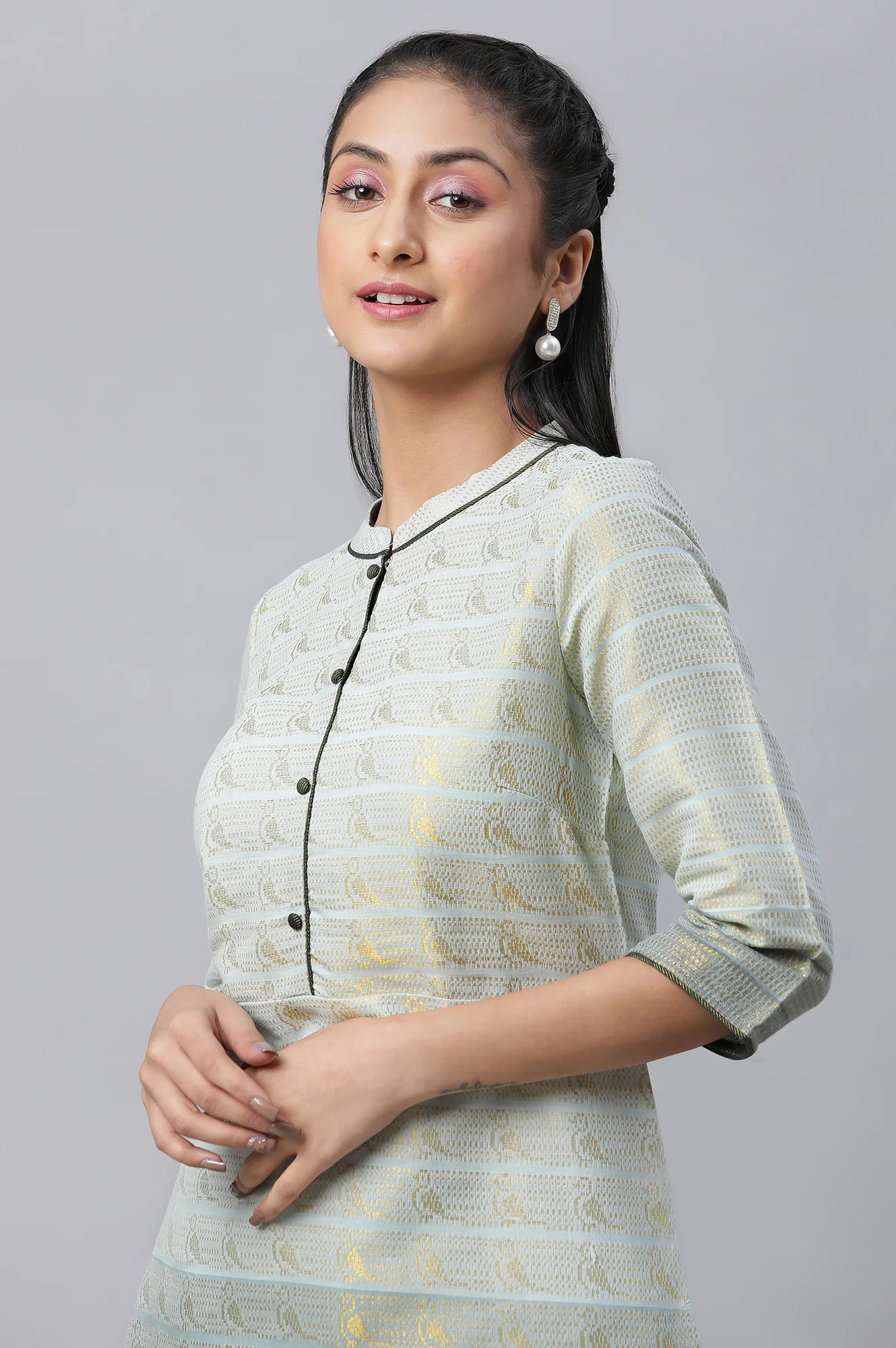 Grey Geometric Print Zari Straight Cotton Kurta - Image 6