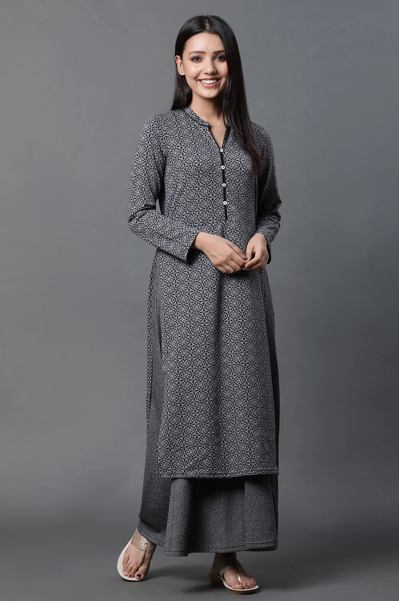 Grey Printed Winter Kurta - Image 2
