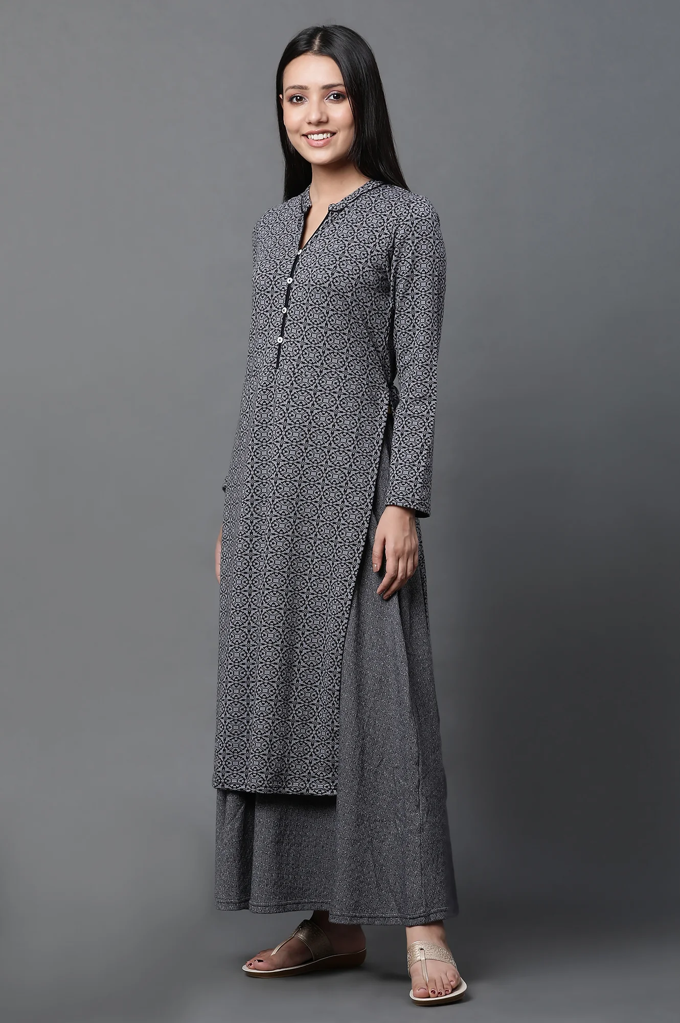Grey Printed Winter Kurta - Image 3