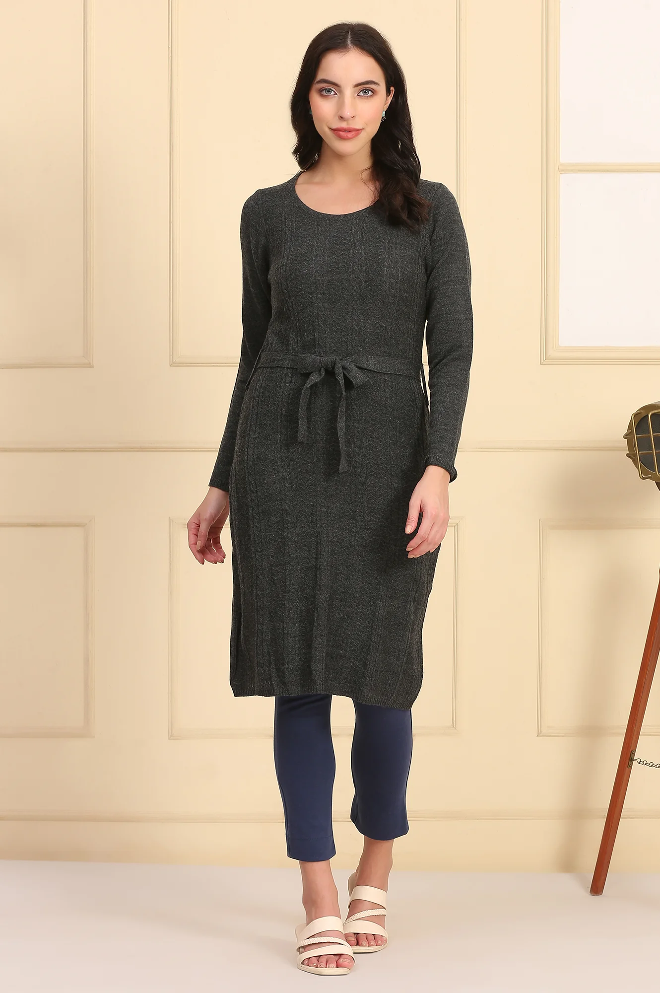 Grey Self Design Straight Winter Dress with Waist Belt - Image 2
