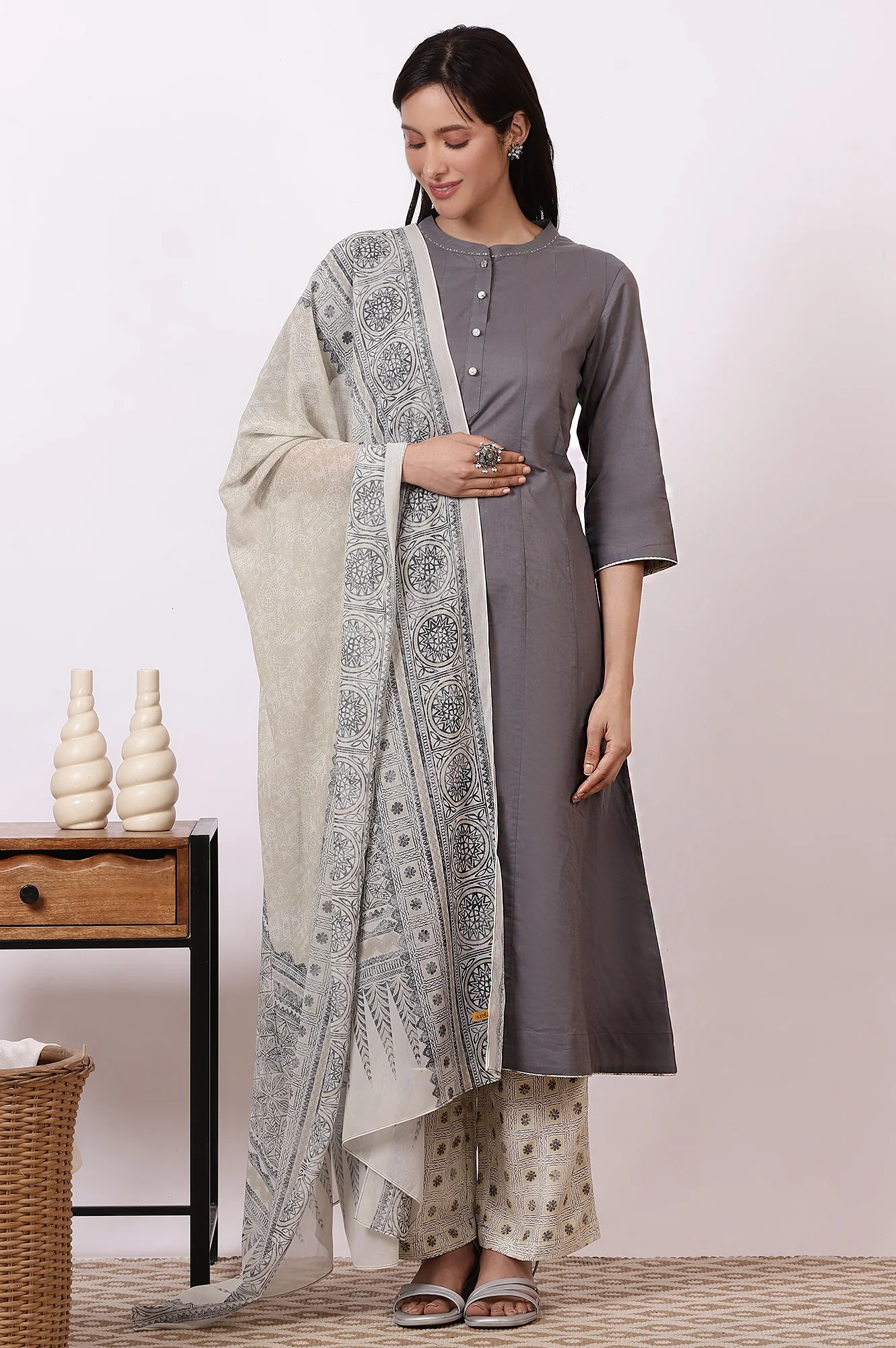 Grey Sequined Pure Cotton Anarkali Kurta, Palazzo and Dupatta Set - Image 3